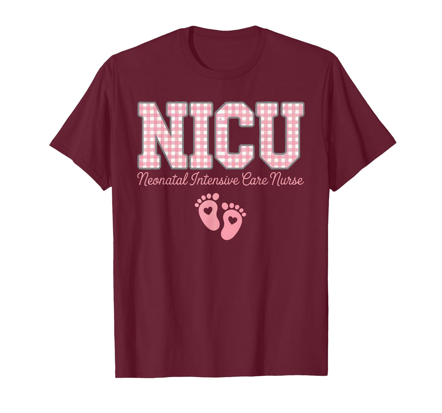 NICU Nurse Neonatal Care Pink Gingham Heart Baby Footprints T-Shirt