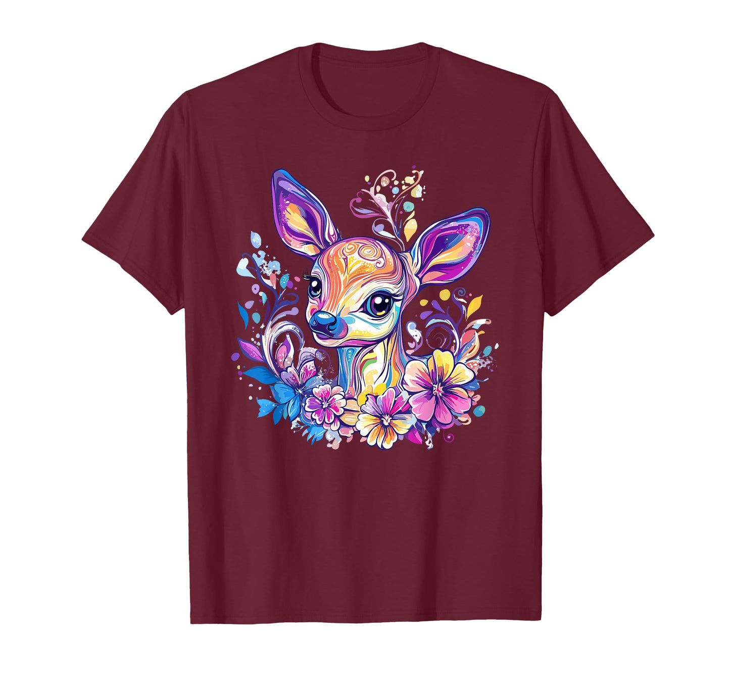 Whimsical Deer With Colorful Floral Pattern T-Shirt