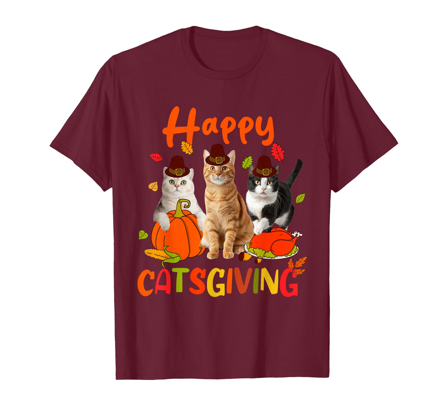 Happy Catsgiving Thanksgiving Kitten Cat Wears Pilgrim Hat T-Shirt