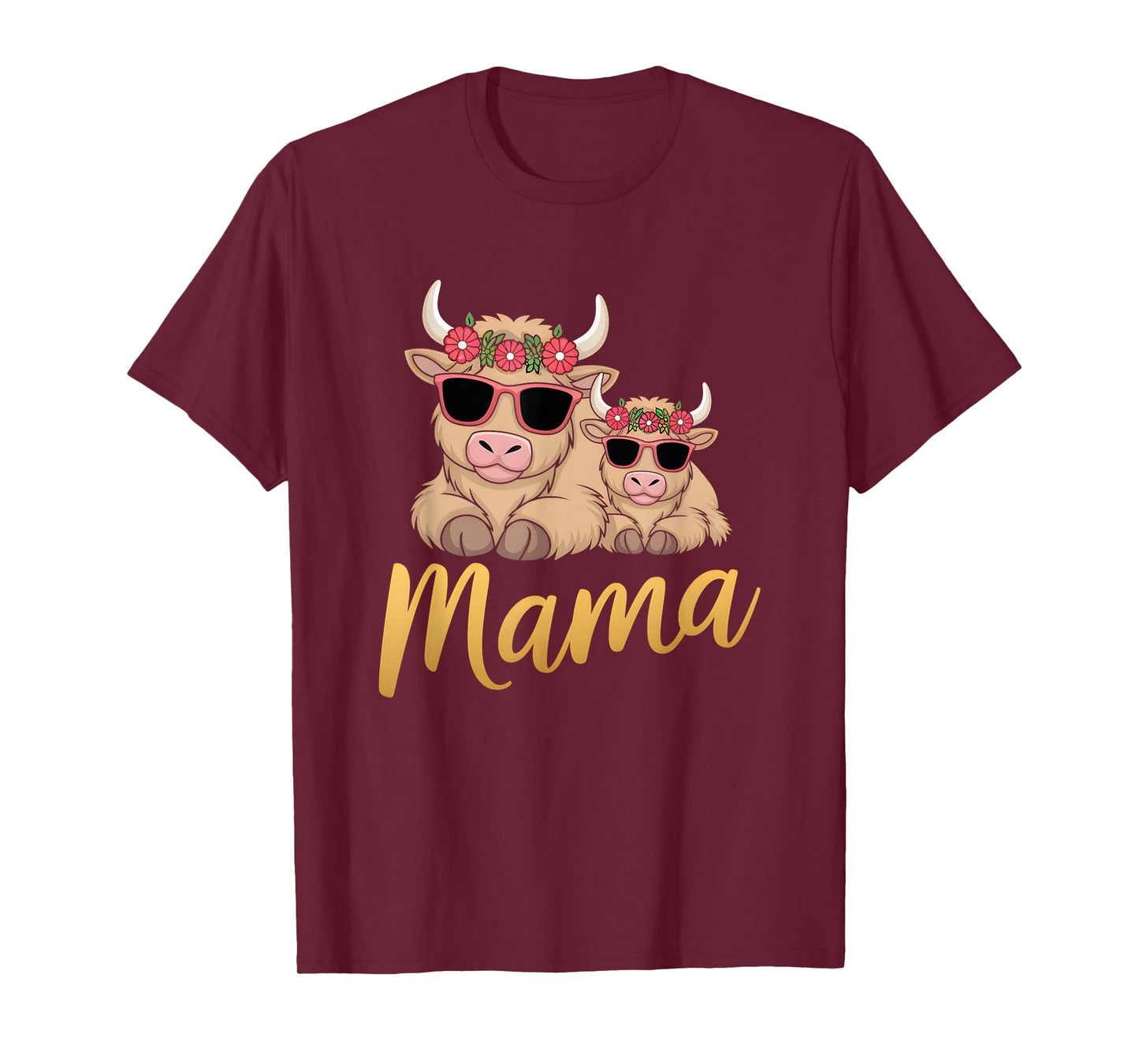 Mama Highland Cow With Baby Calf Mothers Day Family Floral T-Shirt