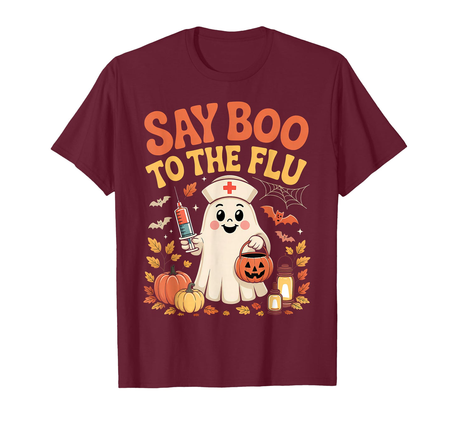 Funny Retro Nurse Ghost Halloween Vaccine Say Boo to The Flu T-Shirt