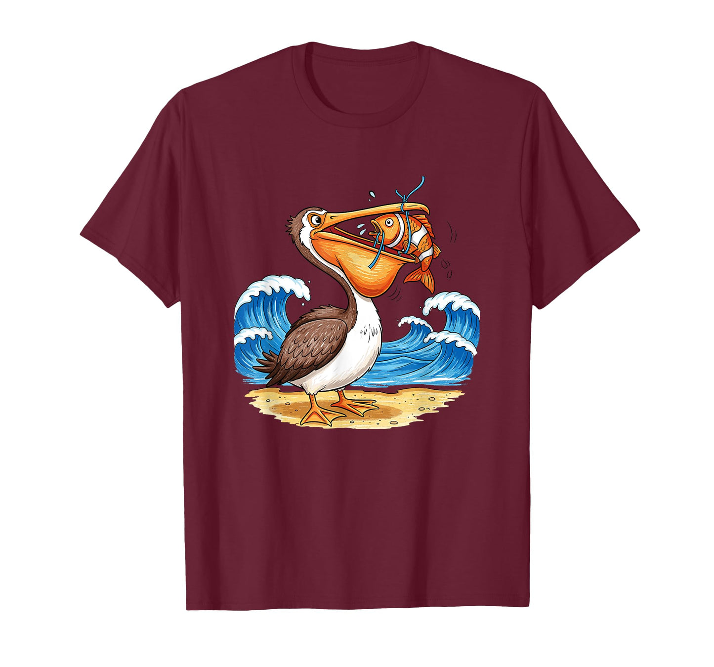 Pelican Catching Fish Beach Waves Scene T-Shirt