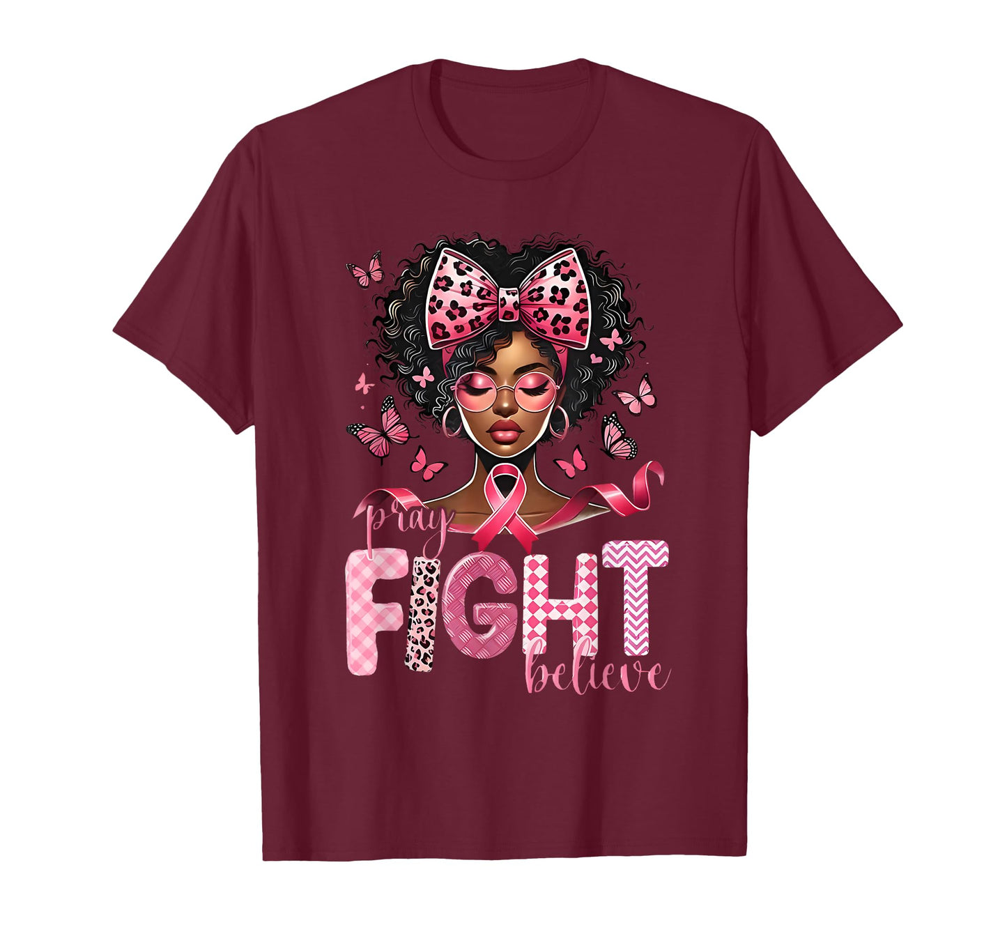 Pray Believe Fight Messy Bun Black Women Pink Breast Cancer T-Shirt