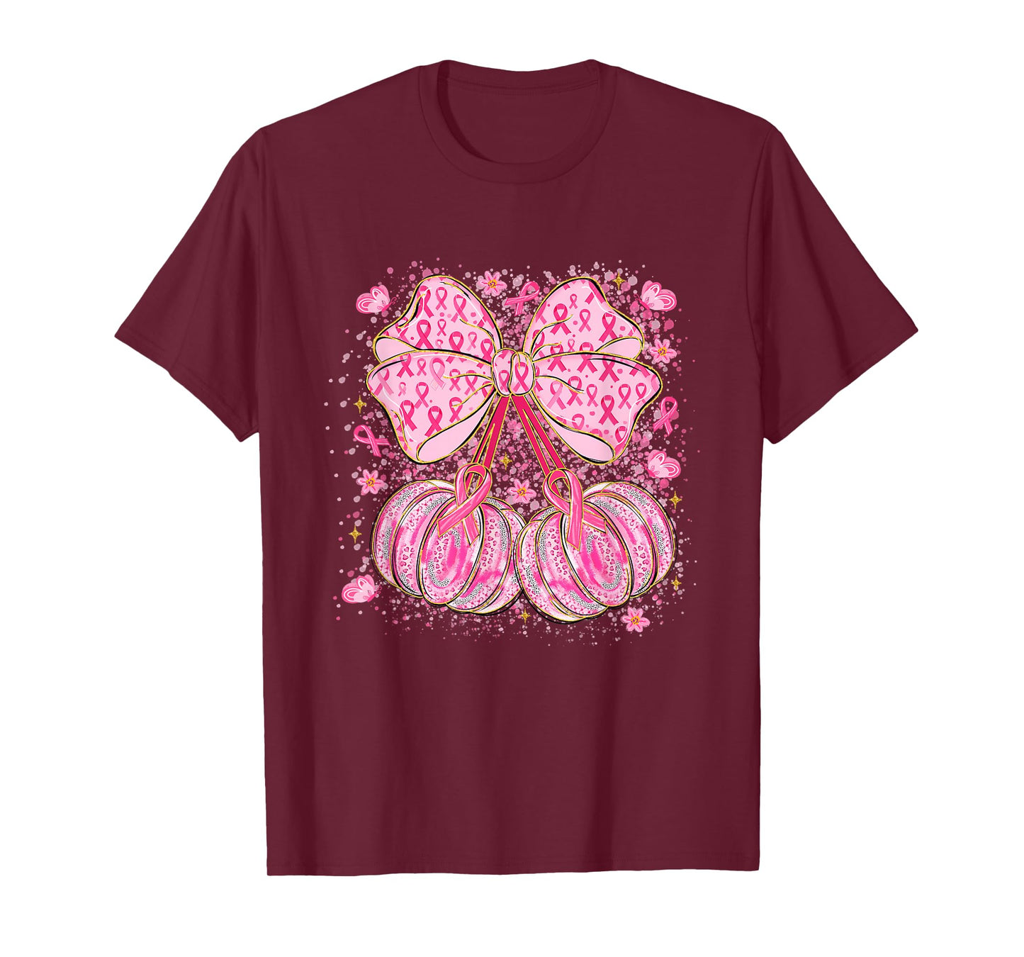Coquette Bow Pumpkin Pink Ribbon Breast Cancer Awareness T-Shirt