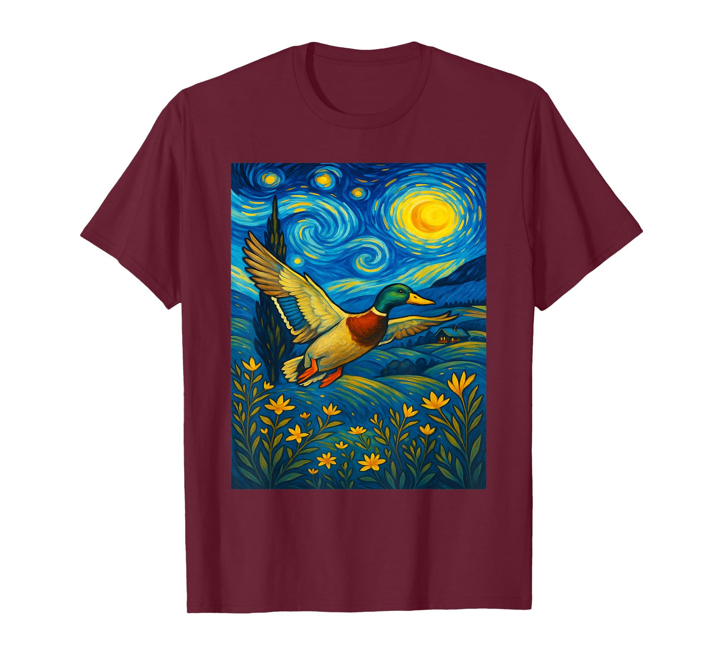 Starry Night Mallard Duck Van Gogh Style Hunting Farmer Farm T-Shirt