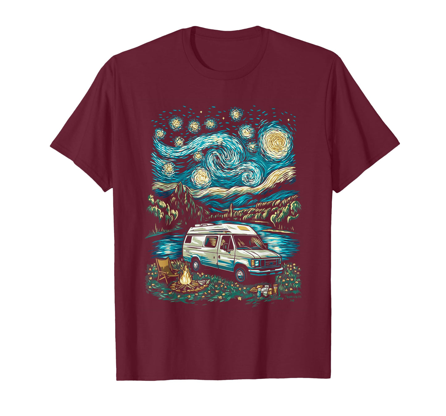 Camper Van Adventure Under Starry Sky Near Flowing River T-Shirt