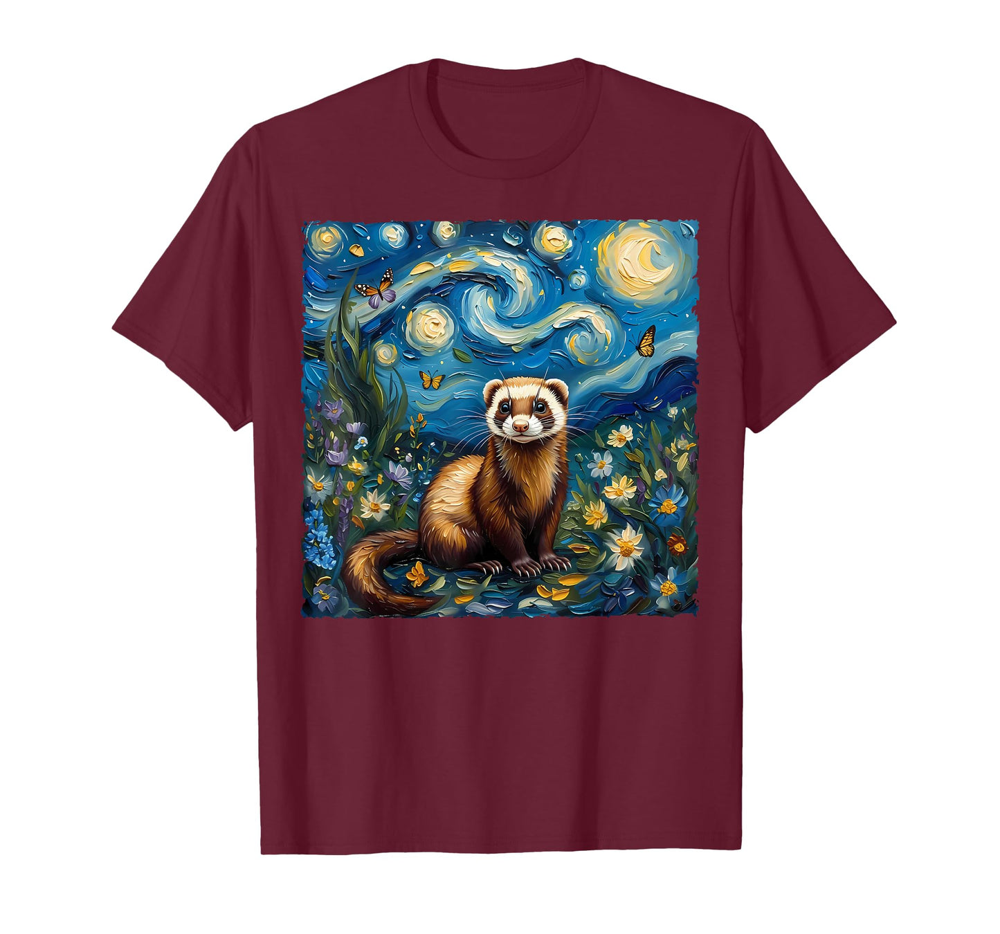Van Gogh's Starry Night Style Earth Day Ferret Wildlife Art T-Shirt