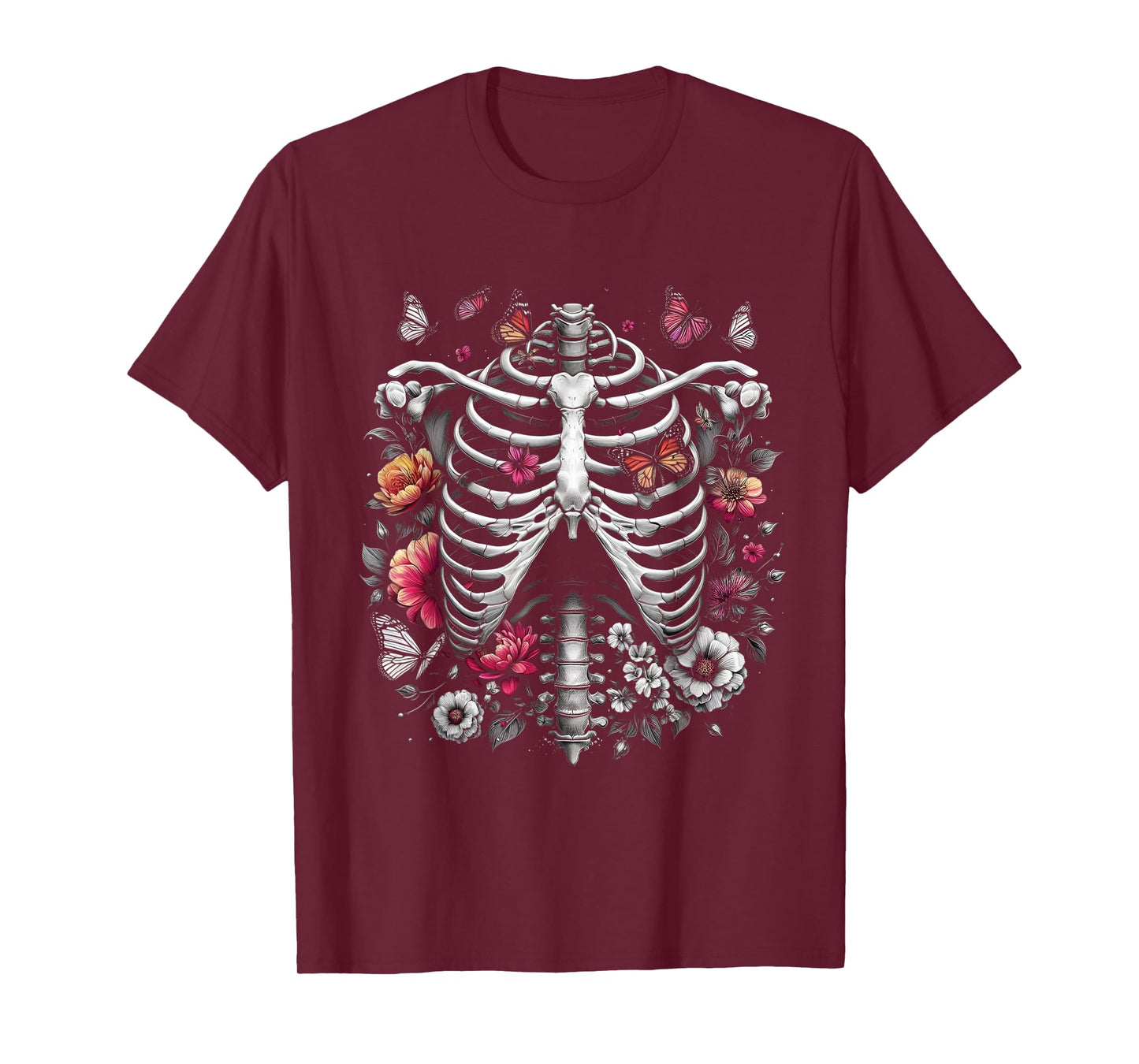 Floral Skeleton Ribcage and Butterflies Spooky Halloween T-Shirt