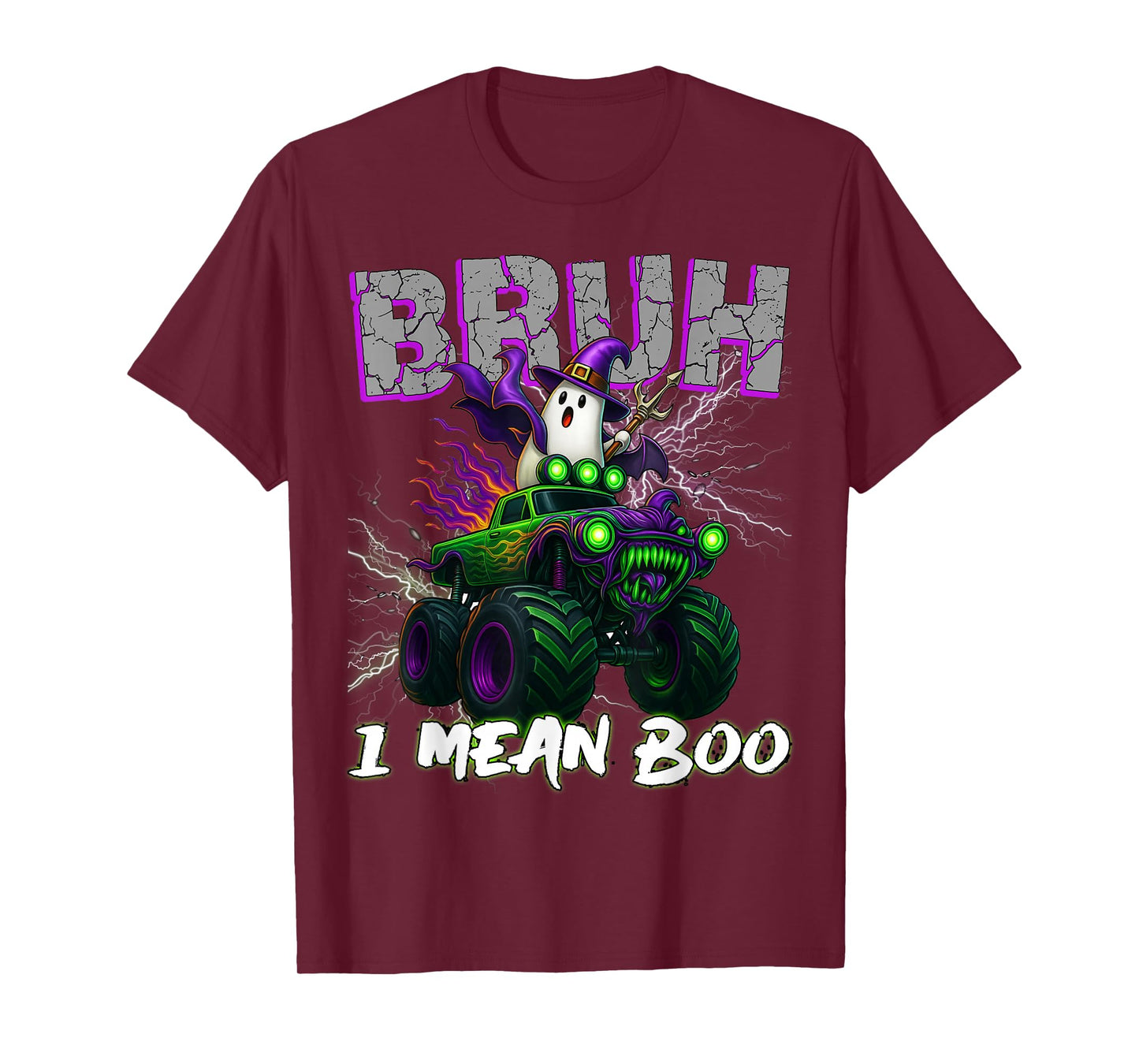 Bruh I mean Boo Riding Monster Truck Halloween Boys Kids T-Shirt