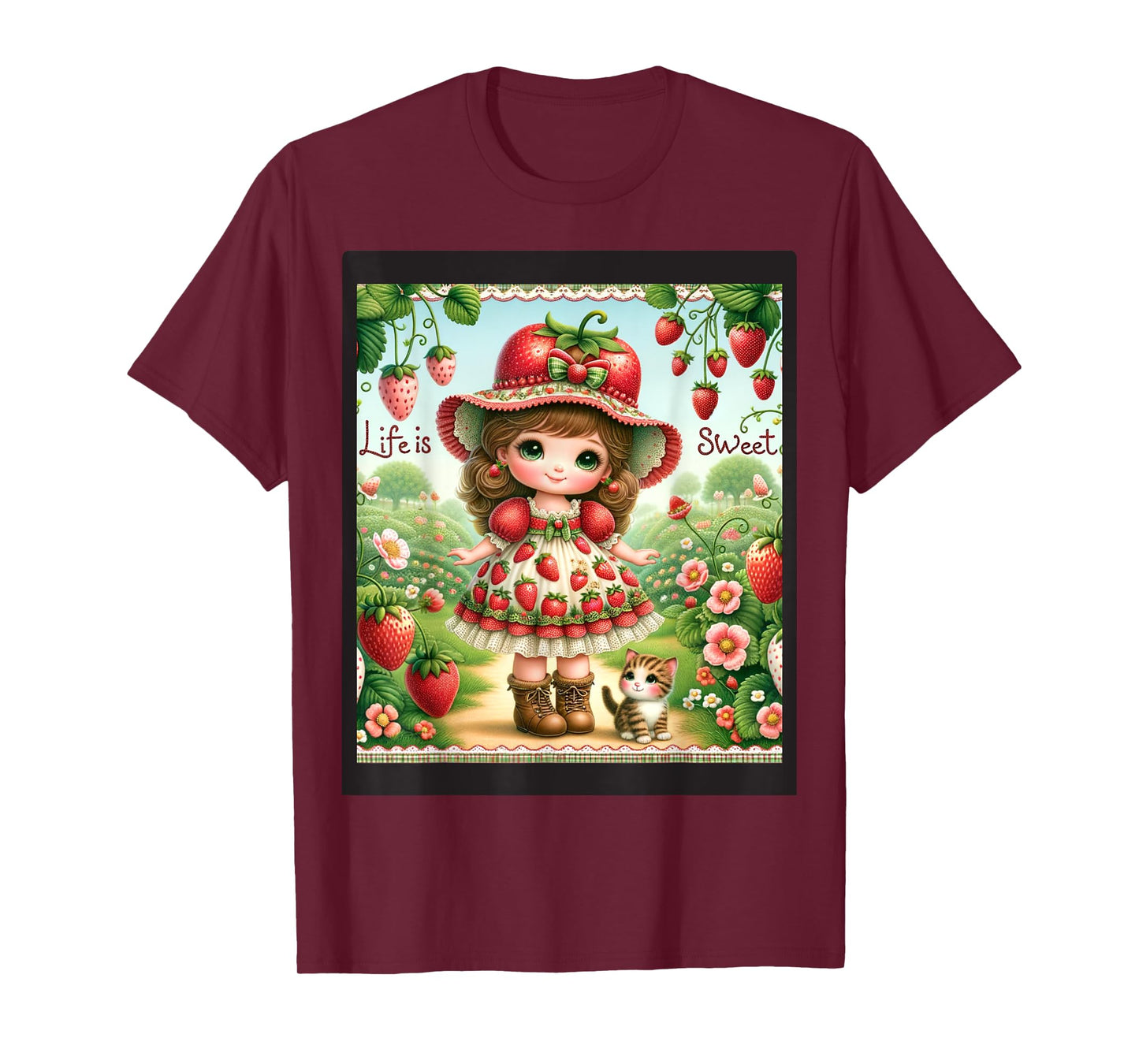 Cute Life Is Sweet Strawberry Cake Vintage Berry Garden T-Shirt