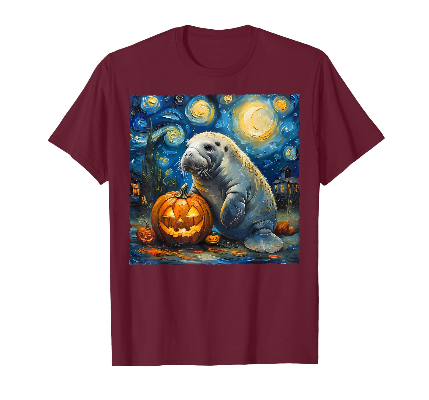 Manatee Pumpkin Van Gogh The Starry Night Halloween Artwork T-Shirt