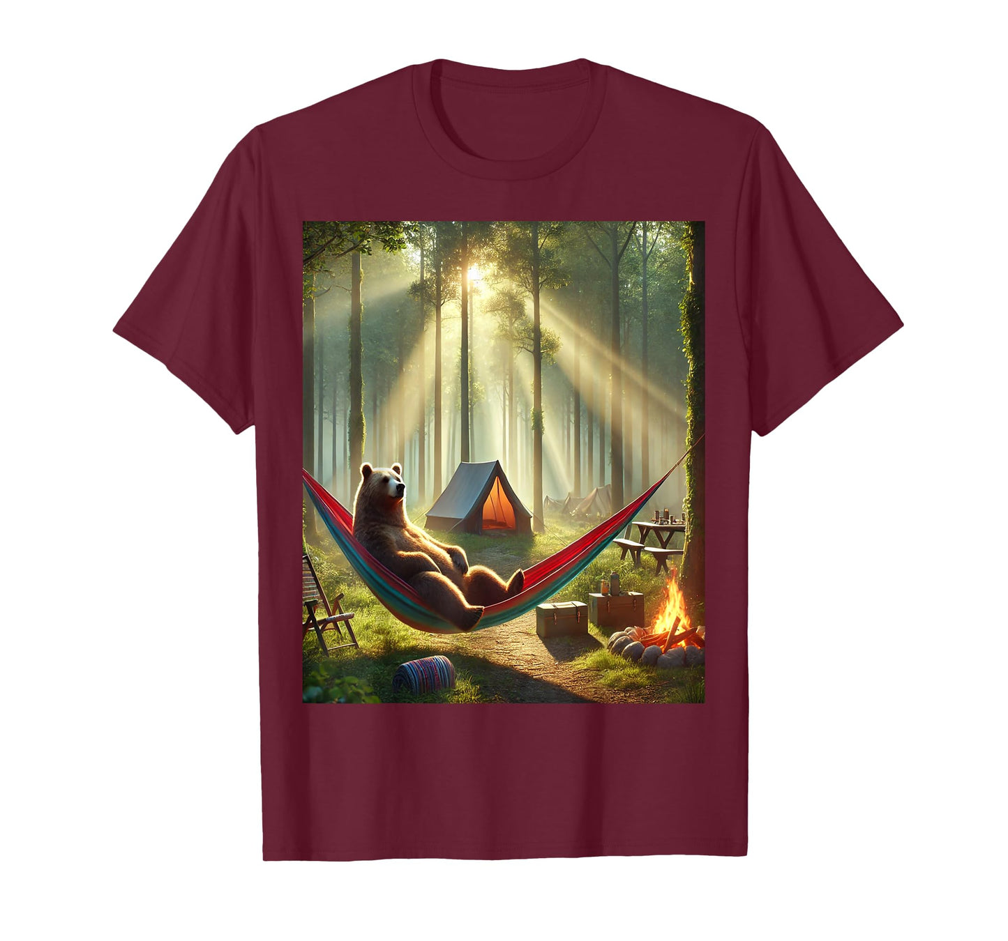 Nature Camping Bear - Relaxed Hammock and Tent Forest Scene T-Shirt