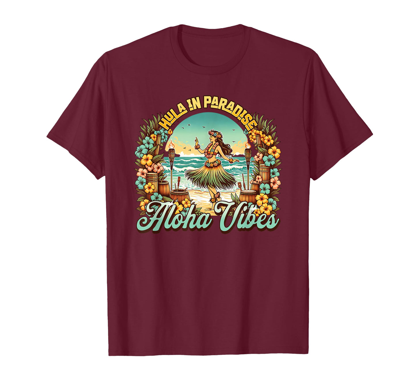 Hawaiian Hula Dancer Aloha Vibes Tropical Flowers Tiki Beach T-Shirt
