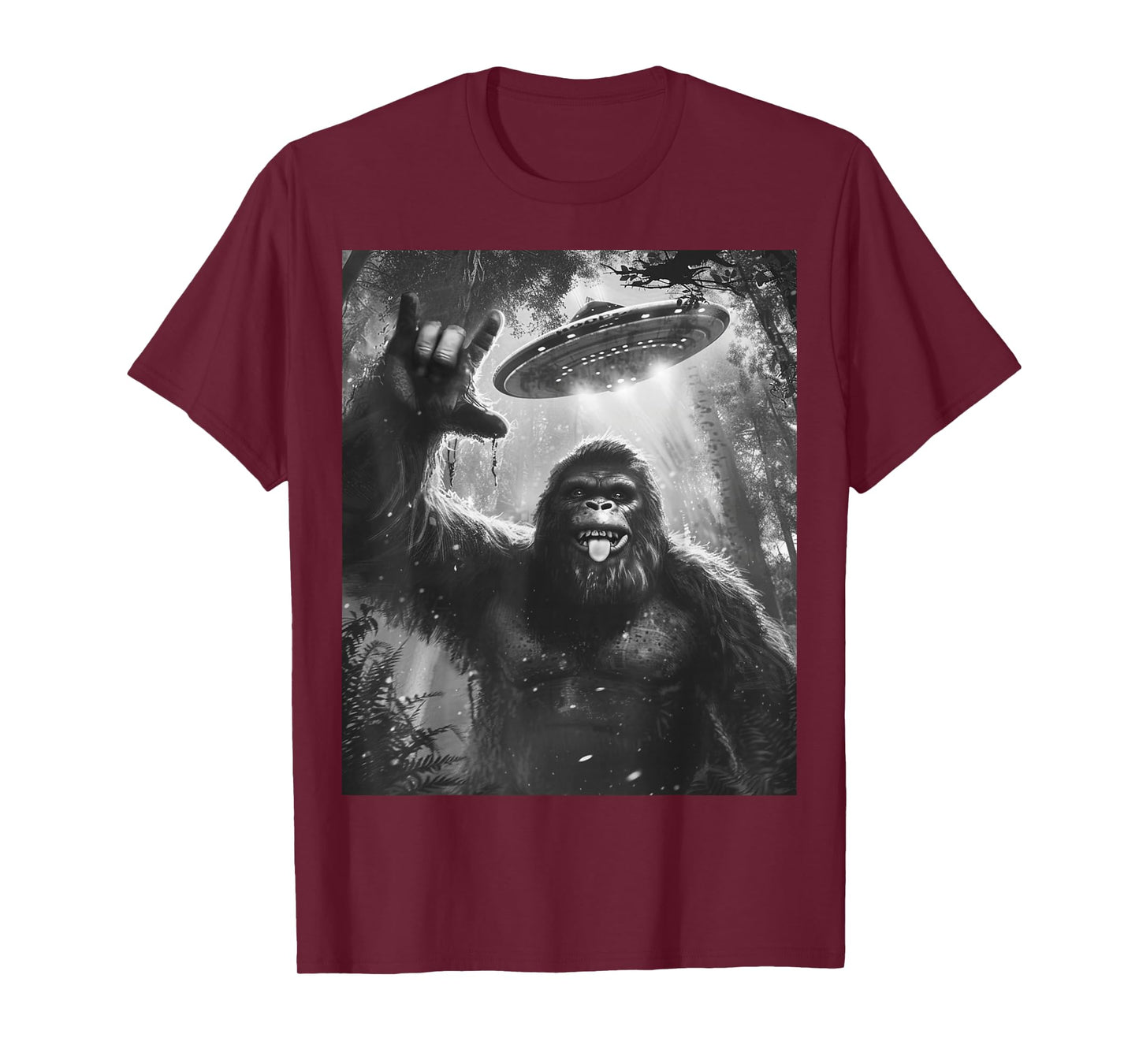 Funny Sasquatch Bigfoot Rock On Selfie with UFO Alien Saucer T-Shirt