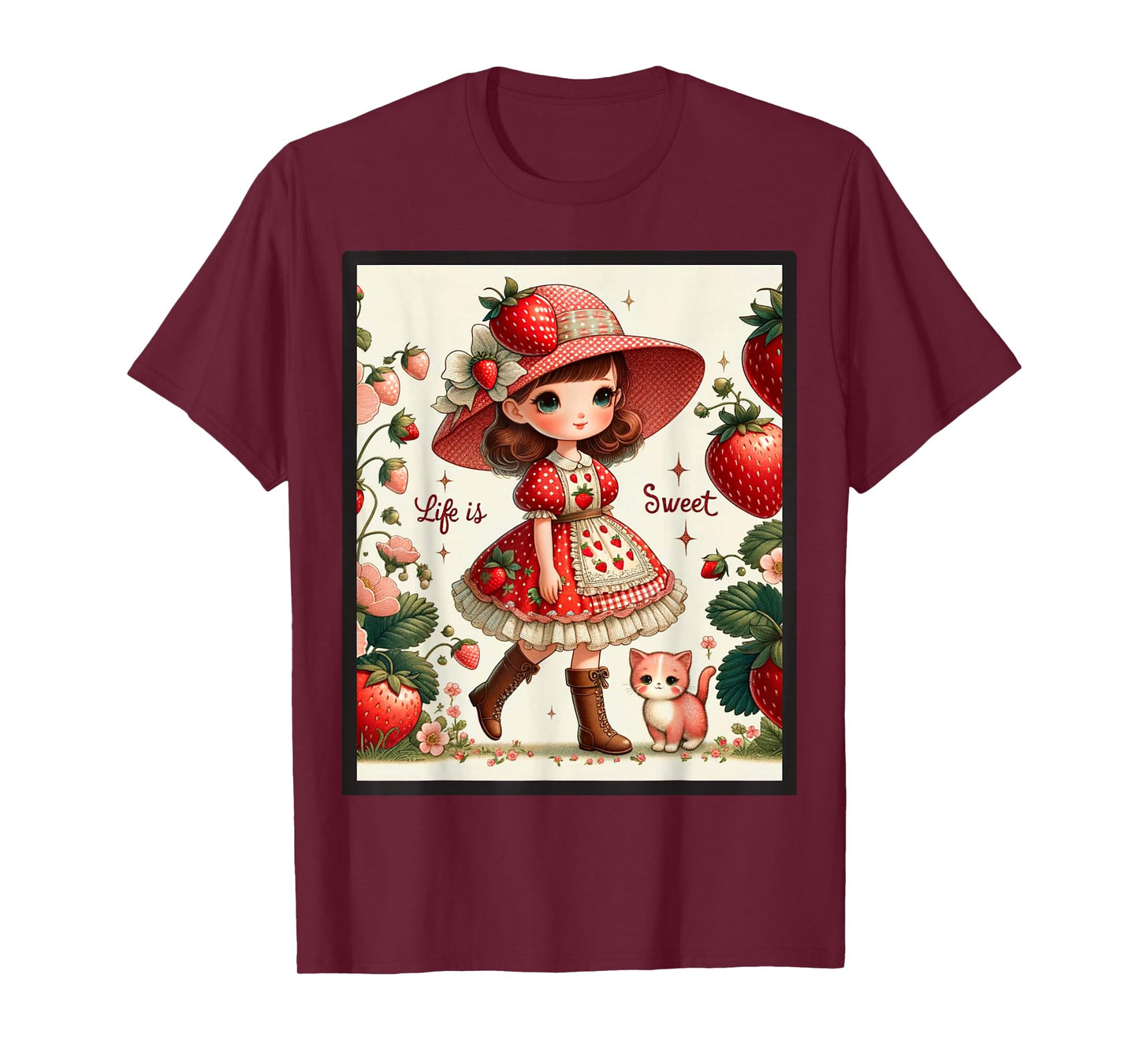 Cute Life Is Sweet Strawberry Cake Vintage Berry Garden T-Shirt