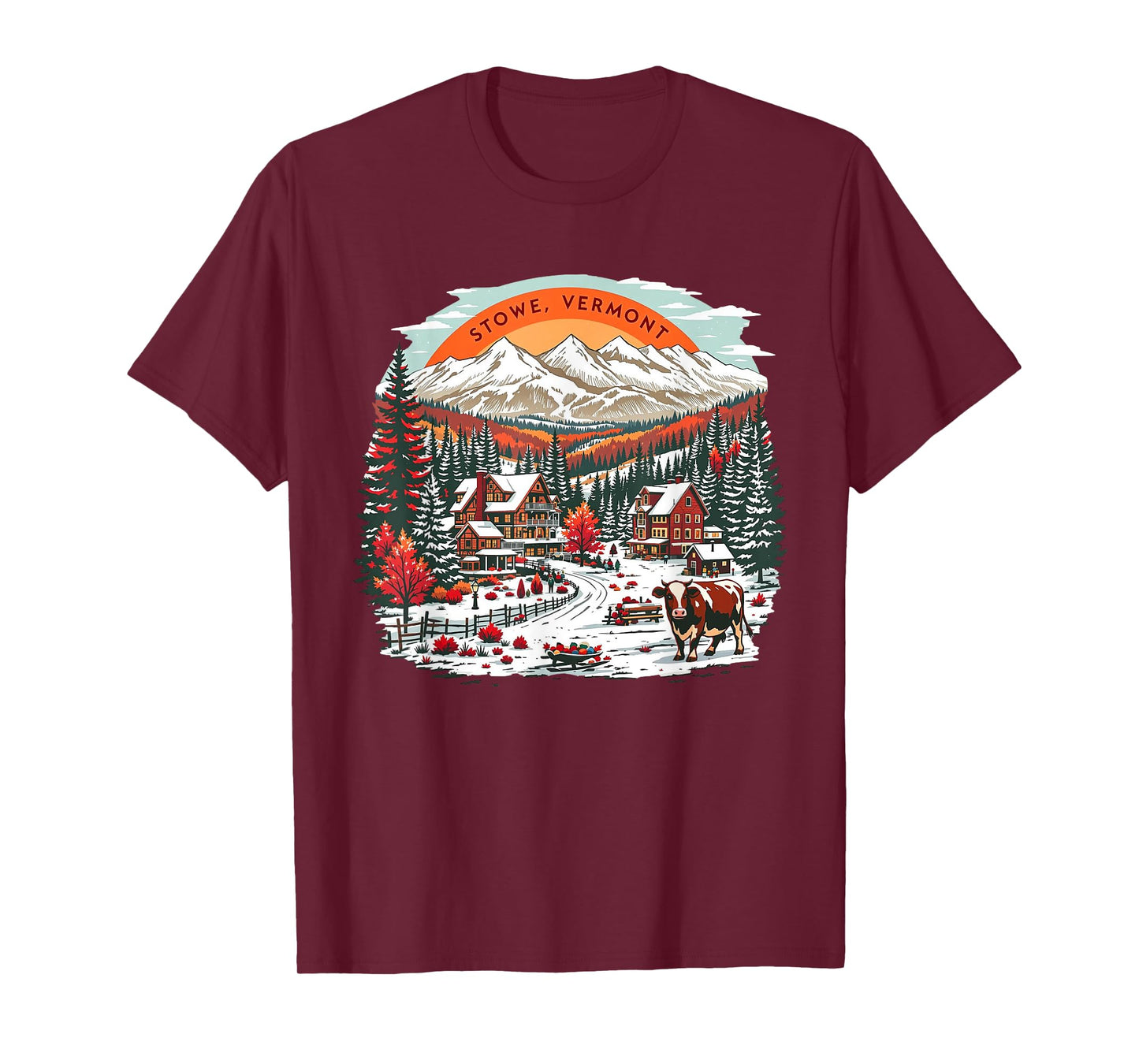 Vintage Stowe Vermont Sunset Mountains Cityscape Retro T-Shirt