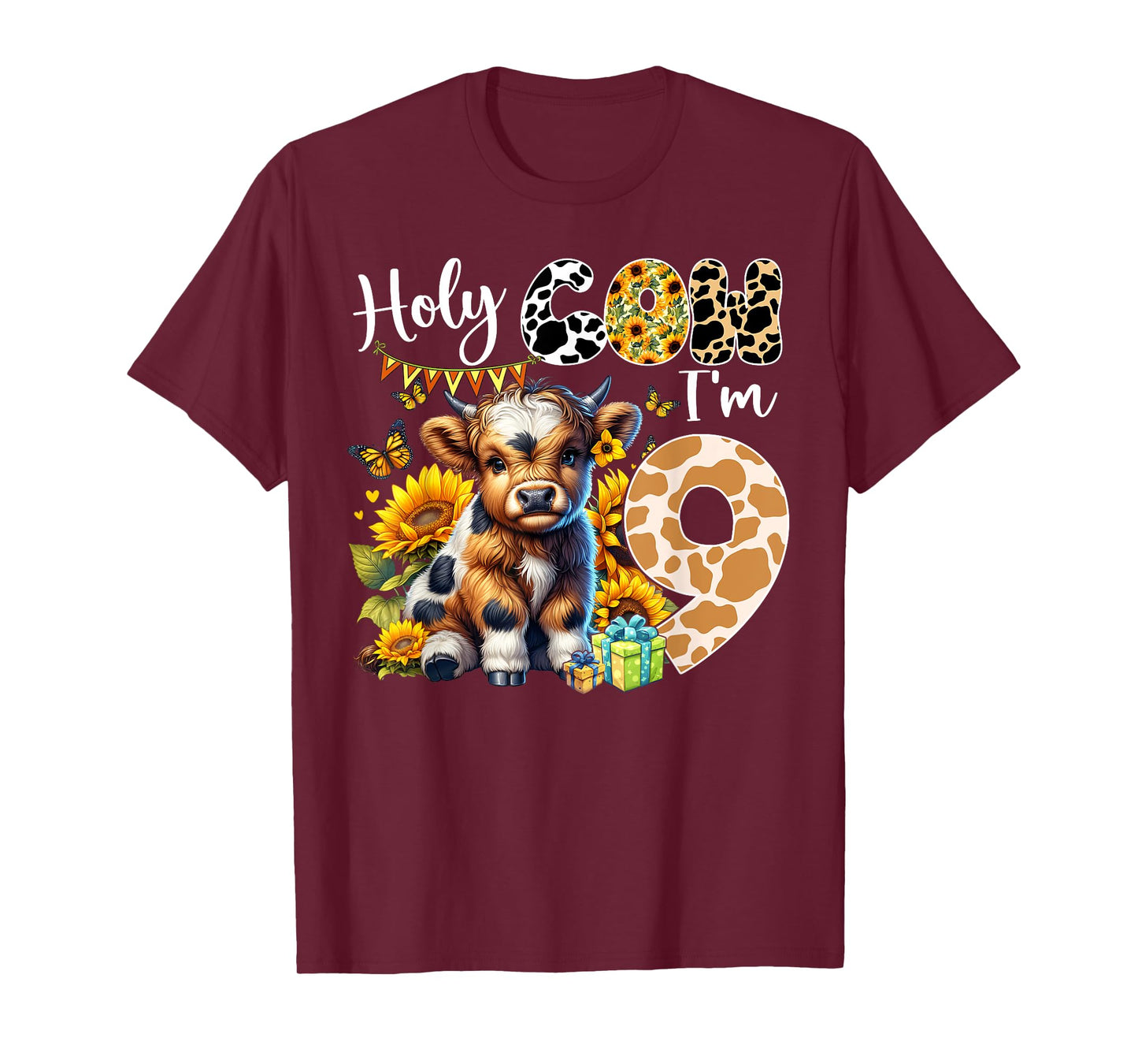 Holy Cow I’m 9 Years Old Dairy Cow Sunflowers 9th Birthday T-Shirt