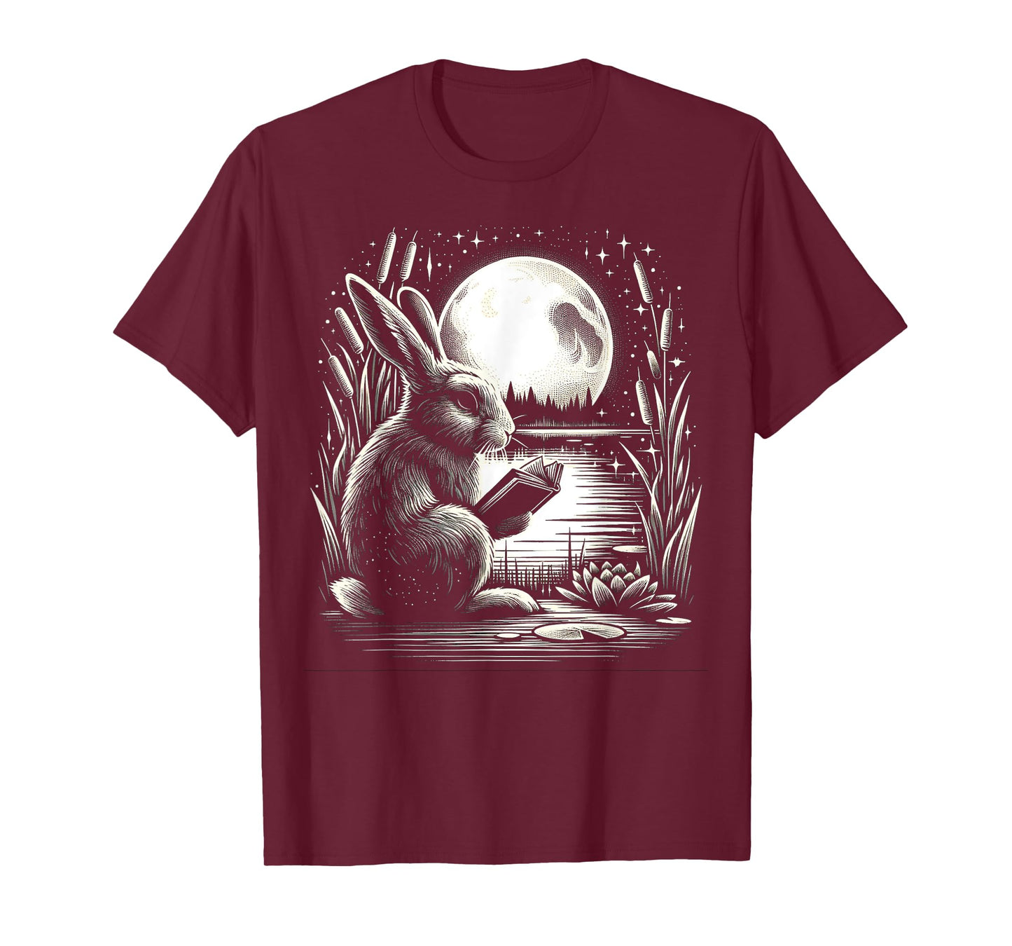 Rabbit Reading Book - Full Moon Lake Scenery T-Shirt