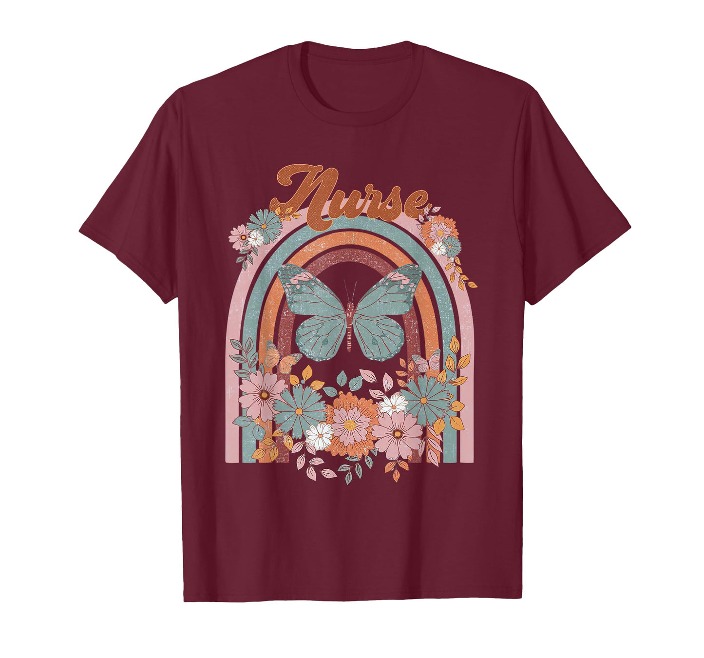 Nurse Vintage Floral Boho Hippie Rainbow Butterfly Men Women T-Shirt