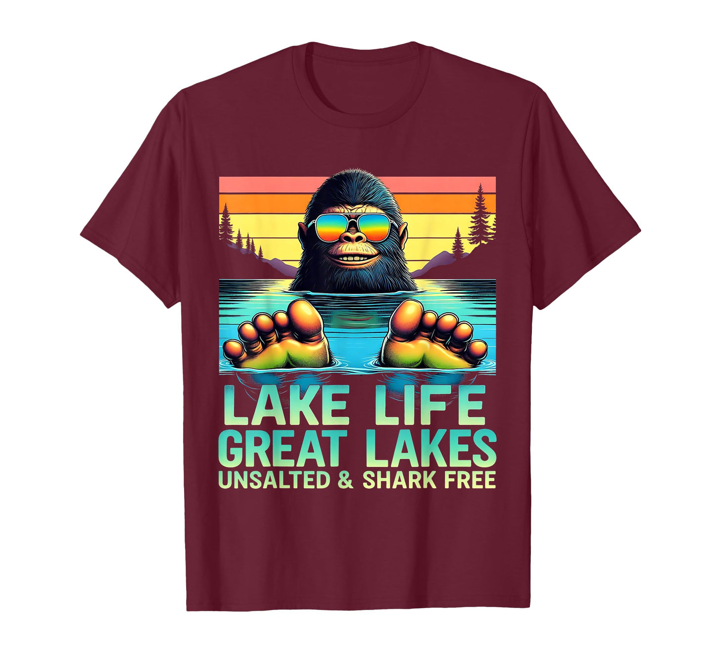 Unsalted Fishing Lake Life Bigfoot Drinking Great Lakes T-Shirt