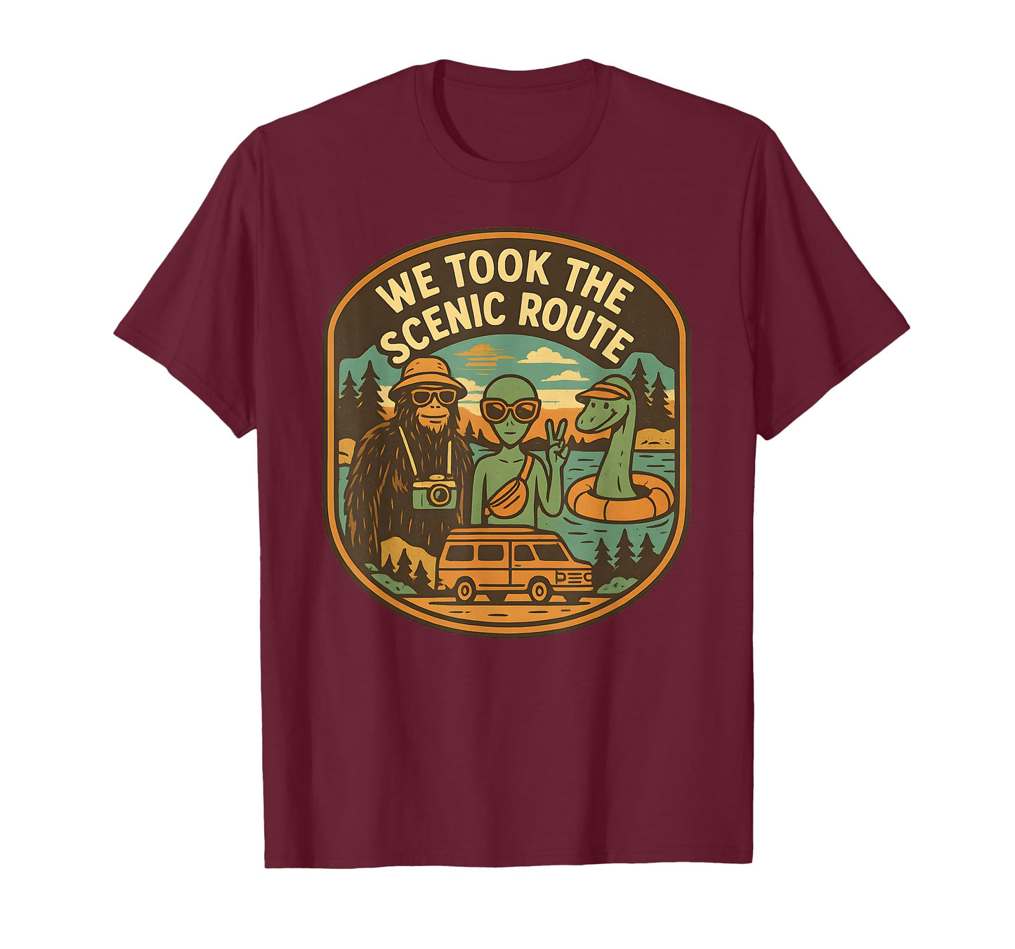 Scenic Route Funny Cryptid Road Trip Bigfoot Alien Nessie T-Shirt