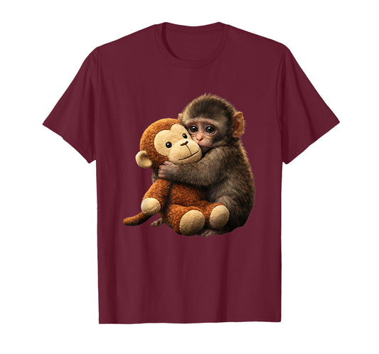 Baby Monkey Punch Plush Cute Monkey Punch Plush Hugging T-Shirt - T-Shirt | Maroon