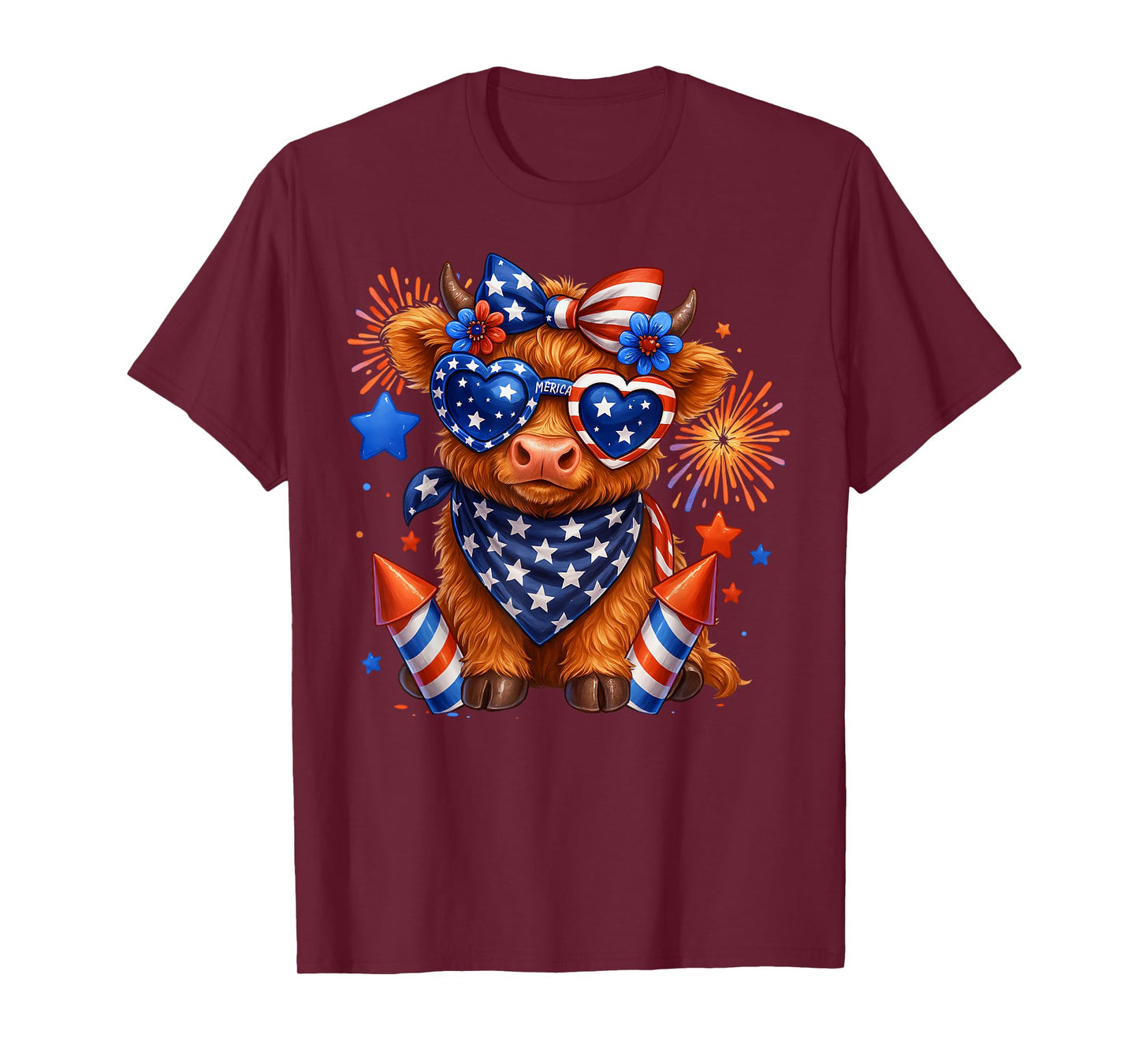 Cute Highland Cow 4th Of July USA Flag Patriotic Cow Farmer T-Shirt