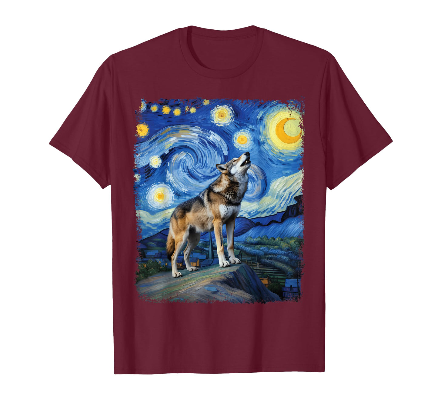 Wolf Starry Night Howling Moon Wildlife Painting T-Shirt