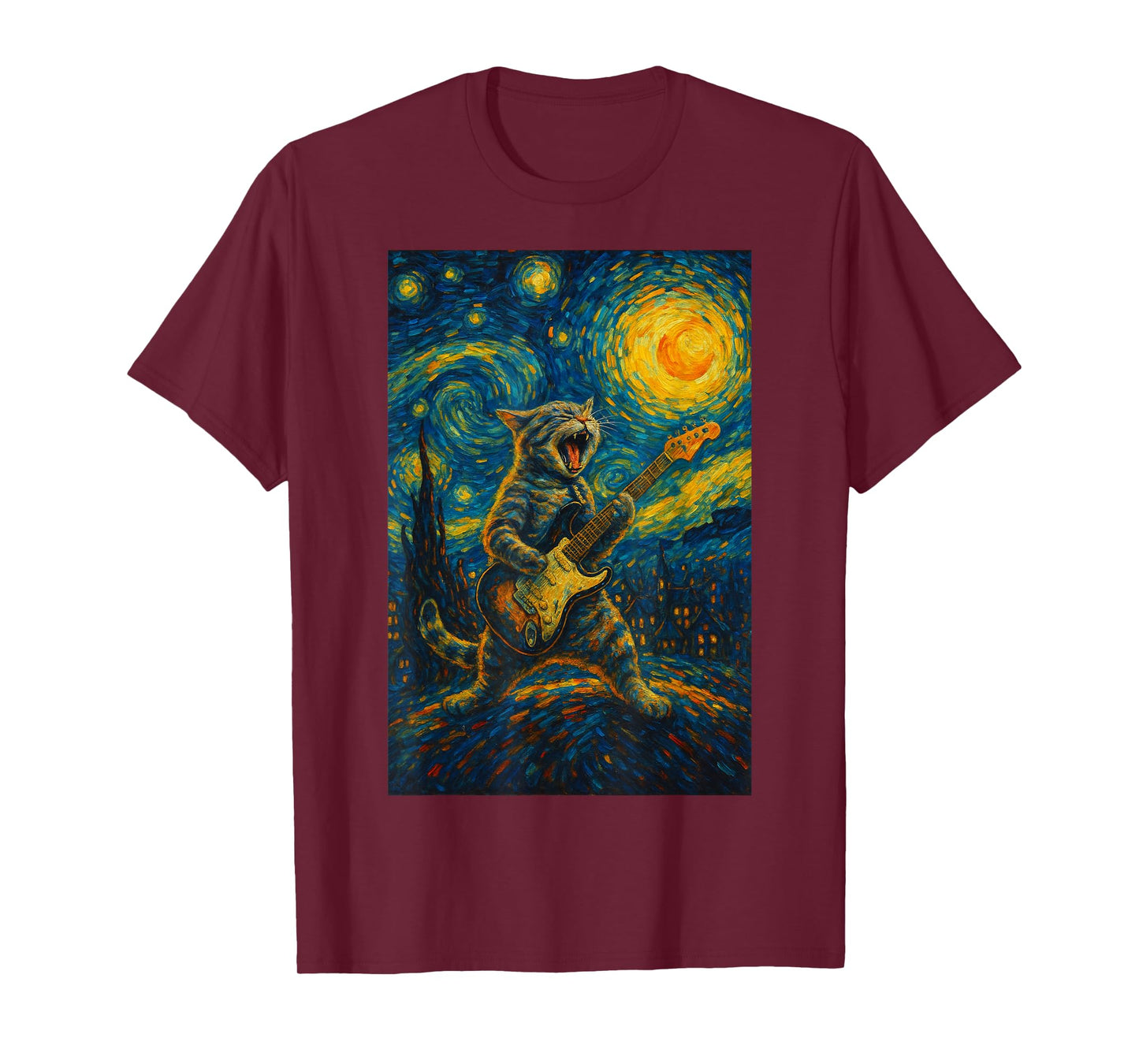 Cat Playing Guitar Rock Star Rock and Roll Cat Lover Art T-Shirt