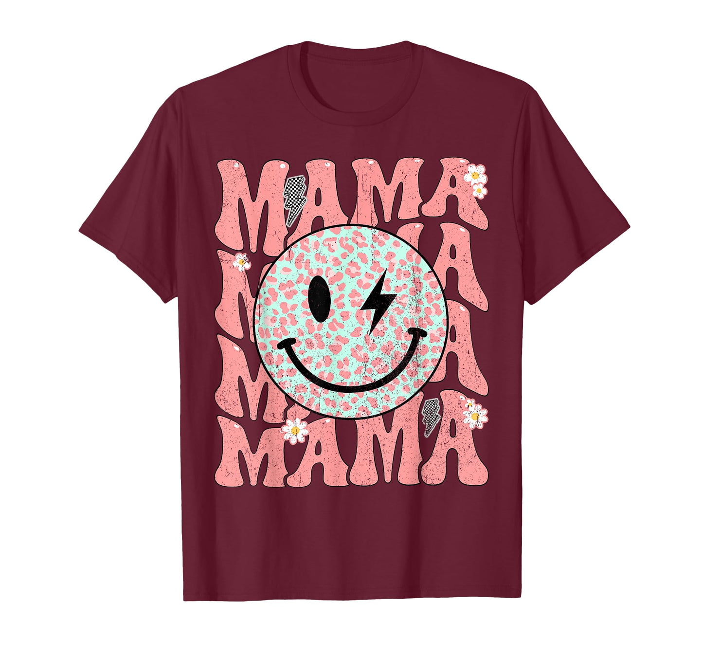 Groovy Mama Smile Face Leopard Bolt Lightning Retro Mom Life T-Shirt