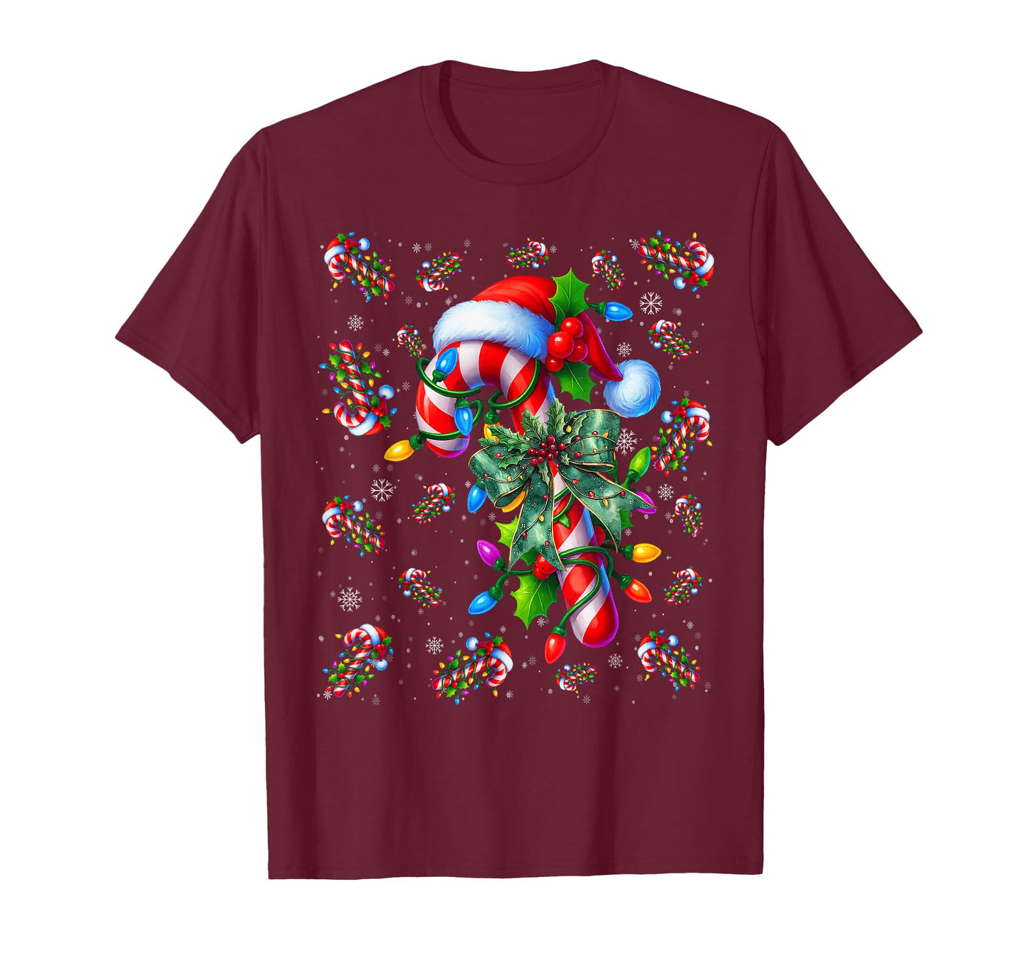 Candy Cane Santa Hat Christmas Lights Merry and Bright Xmas T-Shirt
