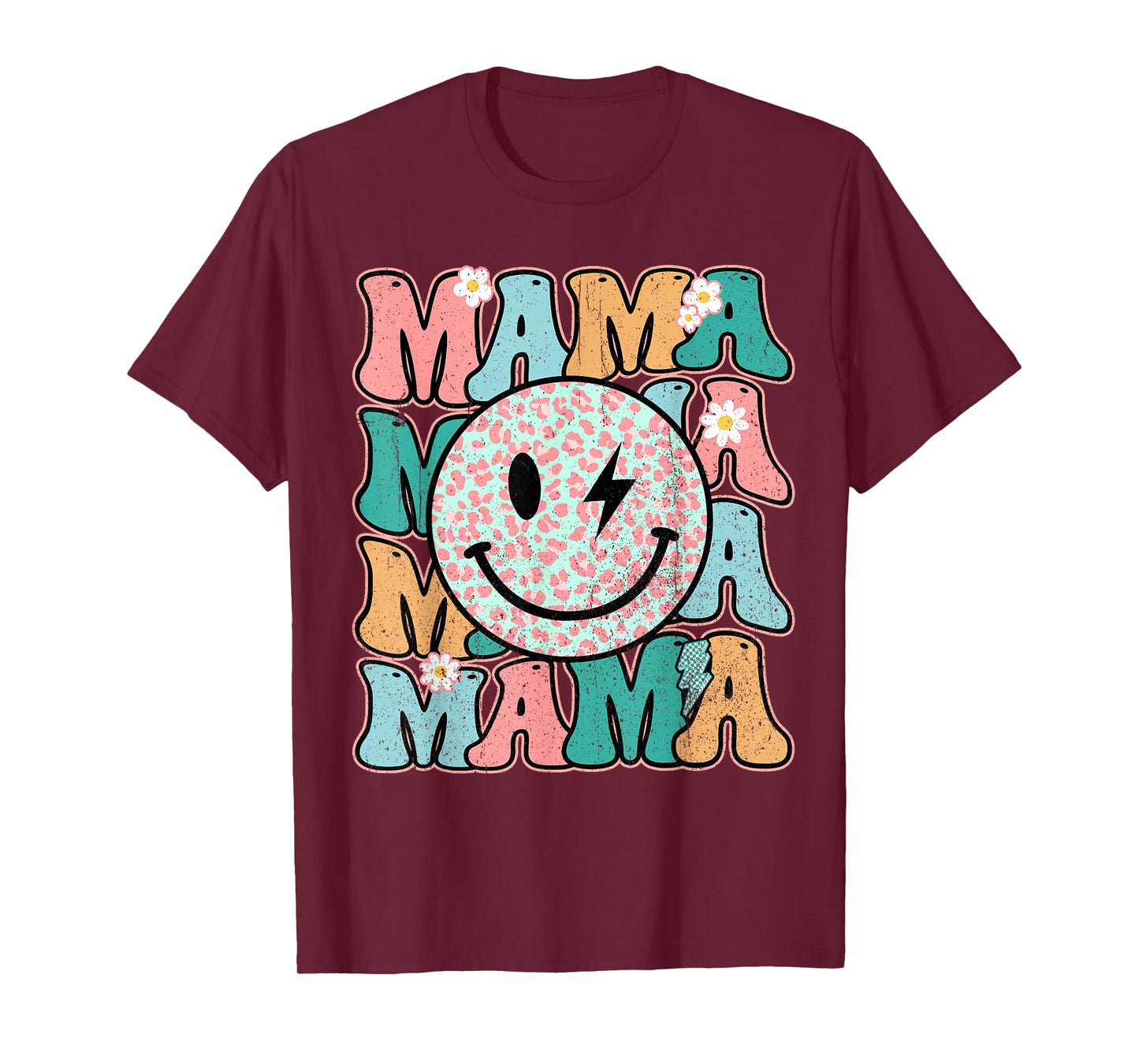 Checkered Mama Smile Face Bolt Lightning Groovy Mother's Day T-Shirt