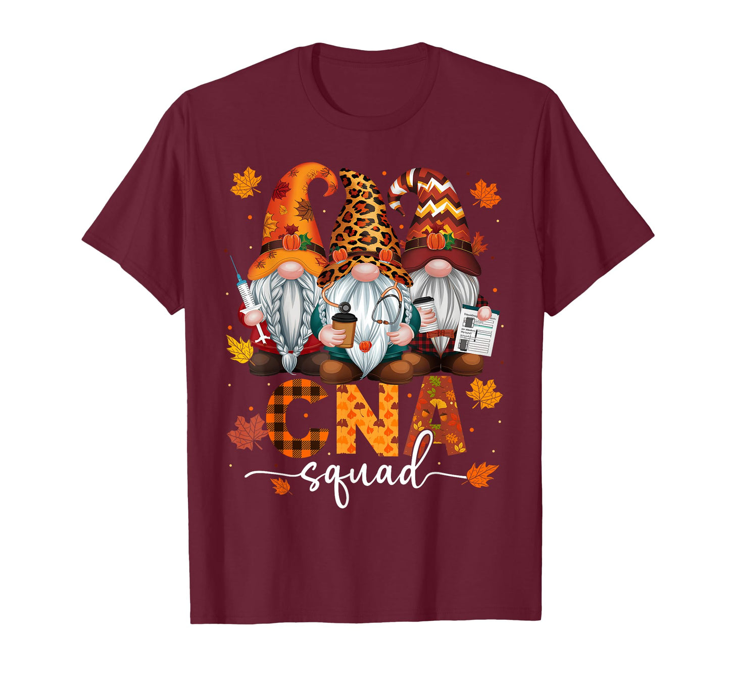 CNA Squad Gnome Nurse Leopard Thanksgiving Stethoscope T-Shirt