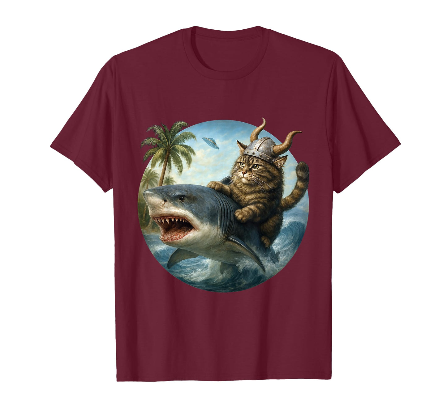 Epic Viking Cat Surfing Shark Quirky Cat Ocean Adventure Art T-Shirt
