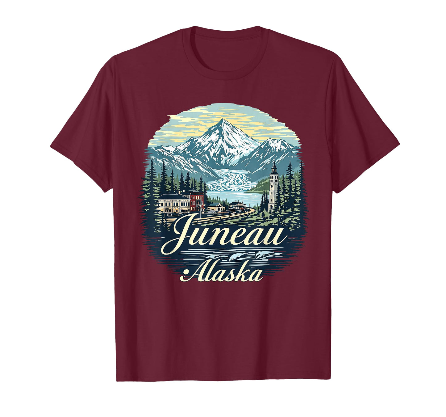 Vintage Juneau Alaska Sunset Skyline Mountains Cityscape T-Shirt