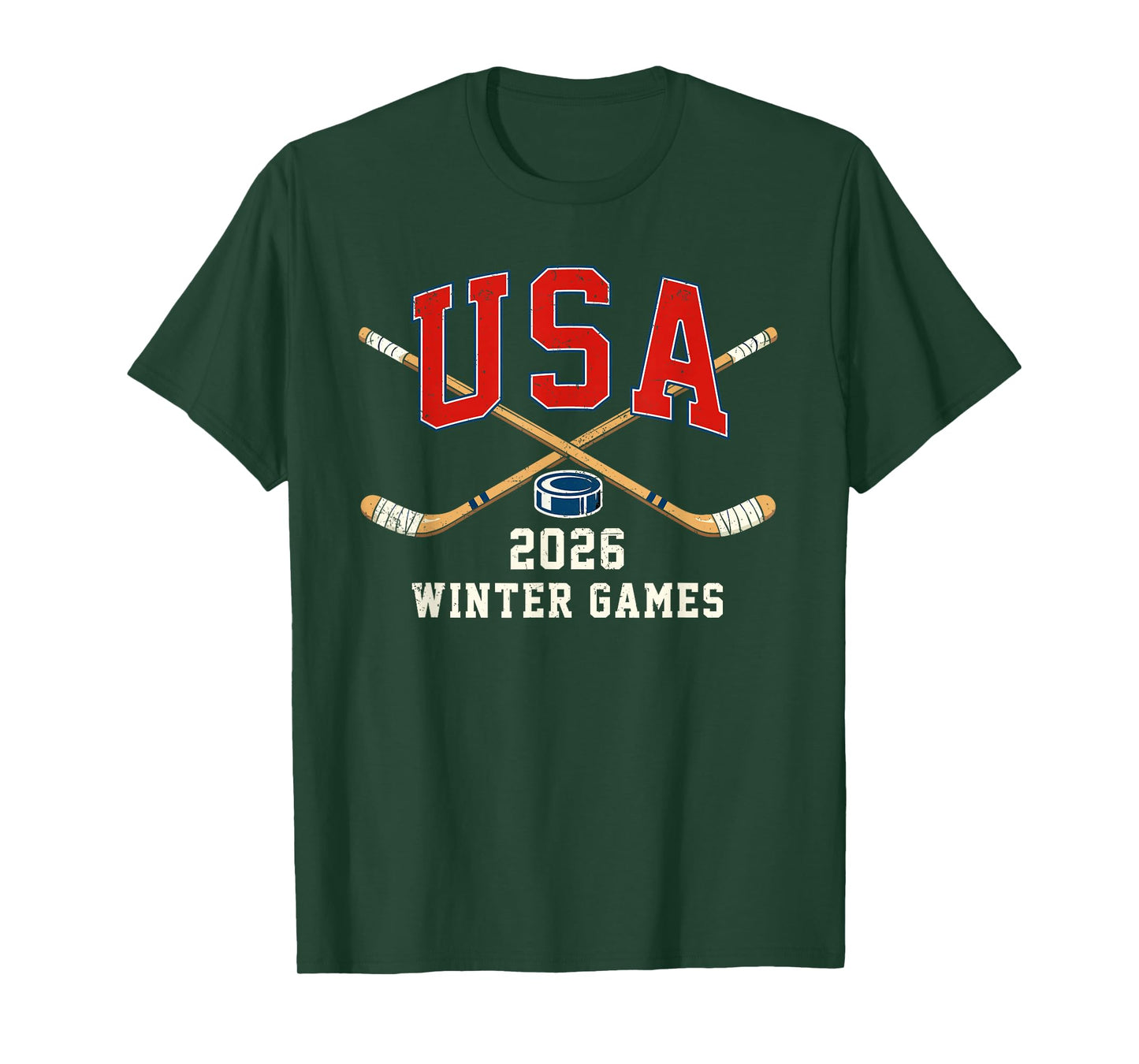 Ice Hockey 2026 Sticks US Flag Patriotic Player Men Boys Kid T-Shirt - T-Shirt | Forest