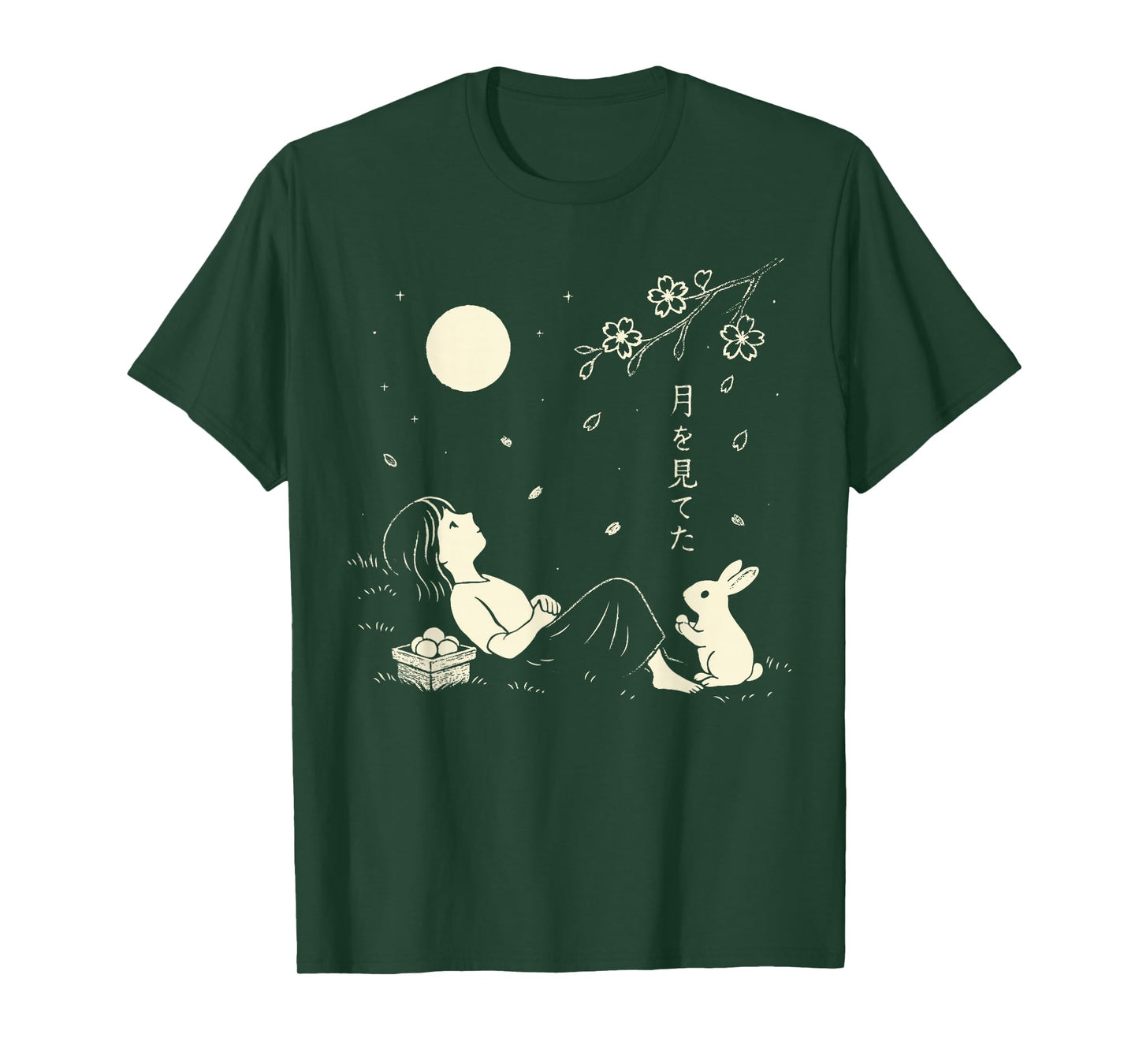 Girl & Rabbit Full Moon Cherry Blossom Japanese Harajuku T-Shirt