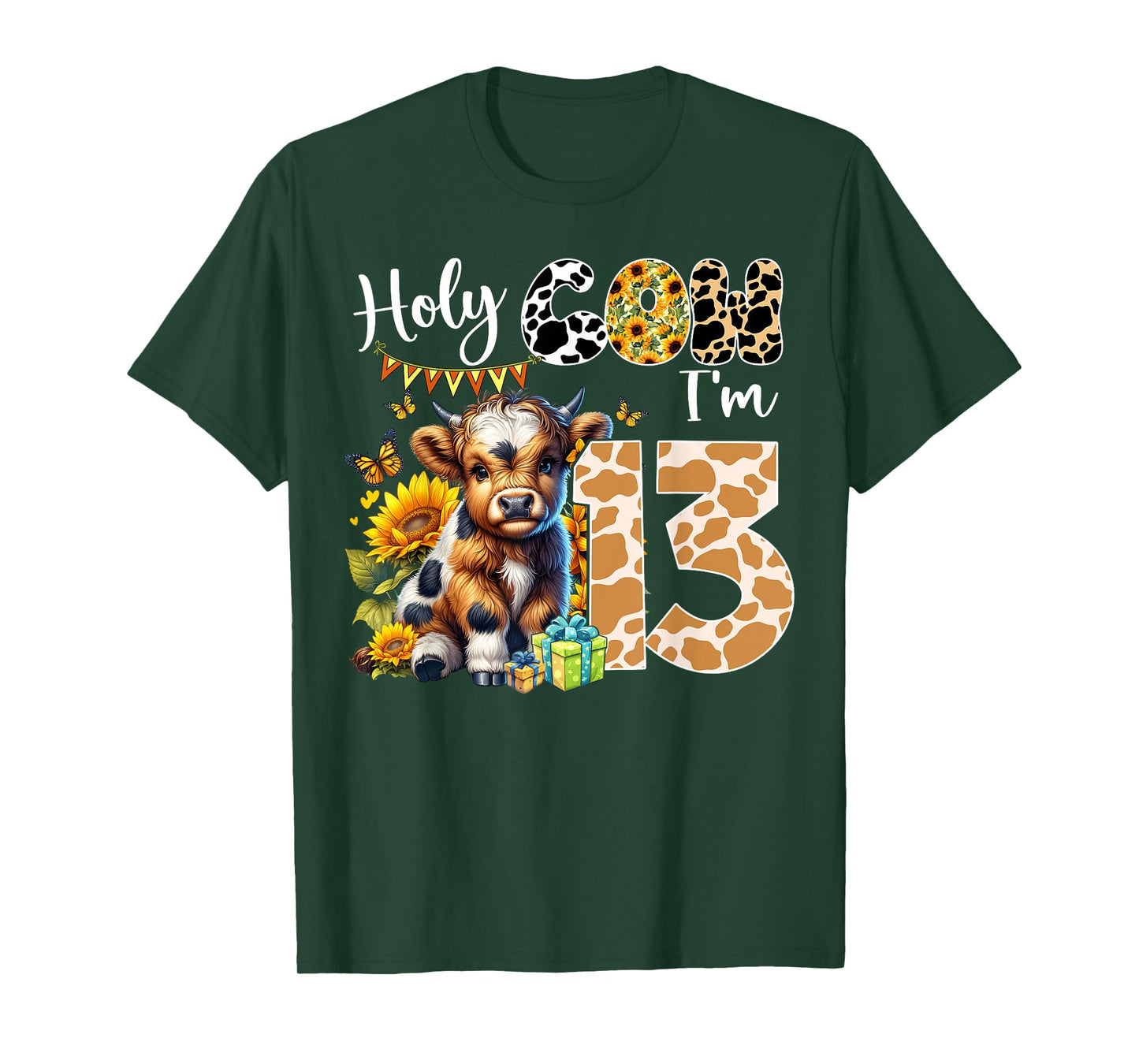 Holy Cow I’m 13 Years Old Dairy Cow Sunflowers 13th Birthday T-Shirt