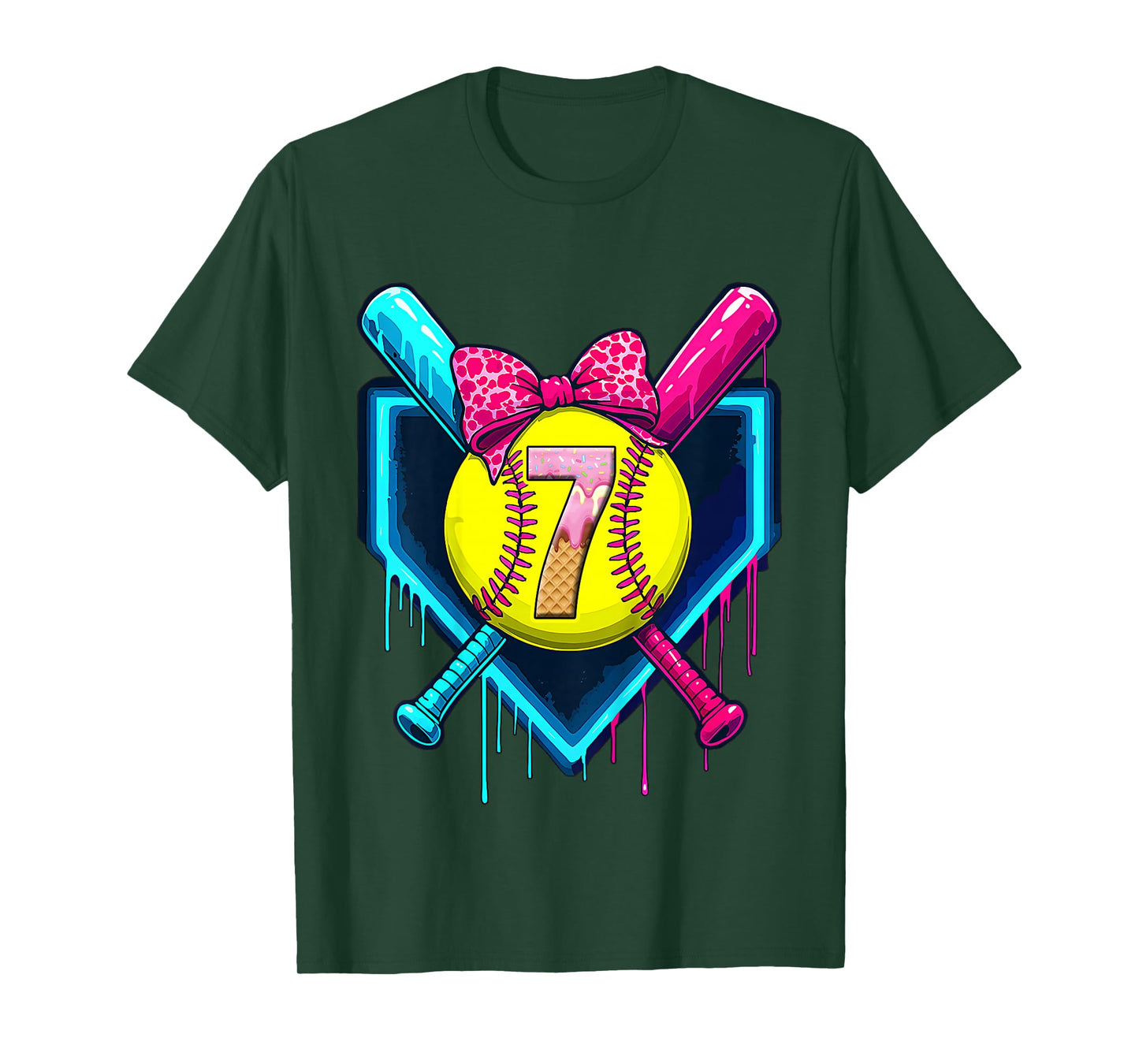 Softball 7 Years Old Ice Cream Drip 7th Birthday Girl T-Shirt
