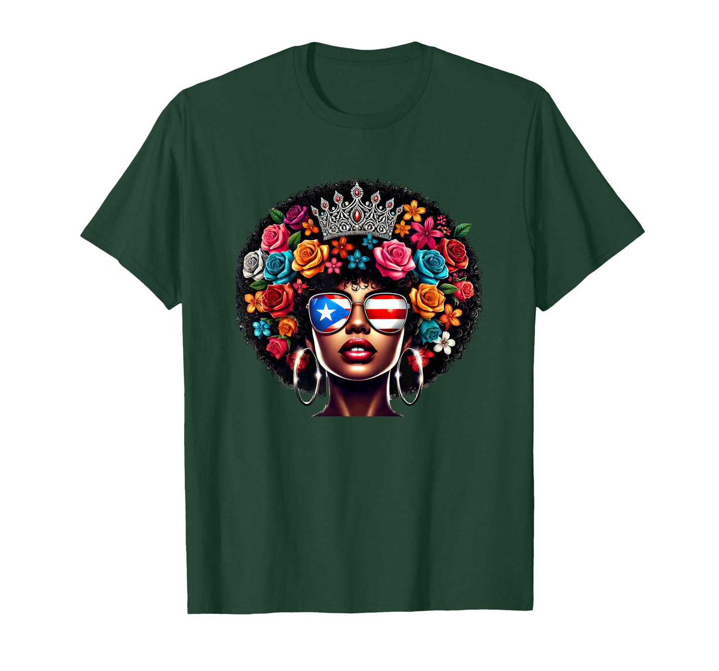 Afro Boricua Queen Crown Flowers Sunglasses Puerto Rico Flag T-Shirt