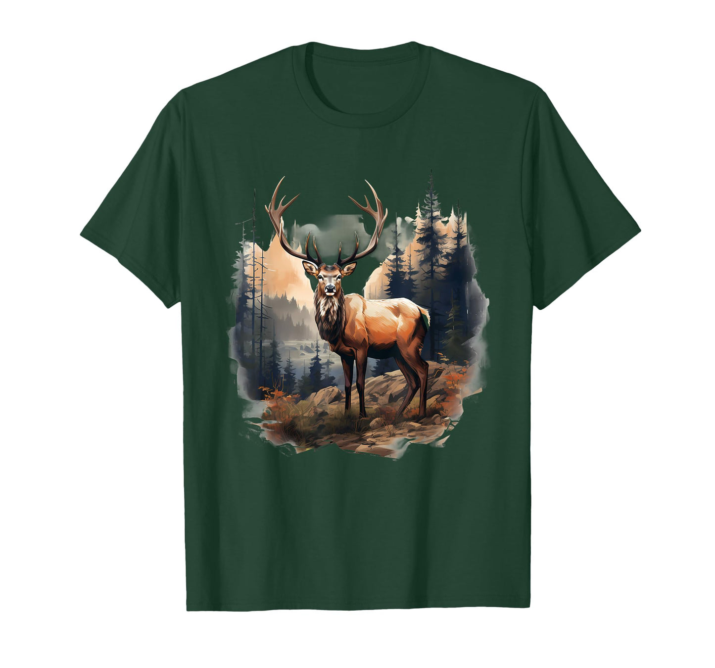 Deer Forest Landscape Wildlife Artwork Nature Animal Lovers T-Shirt