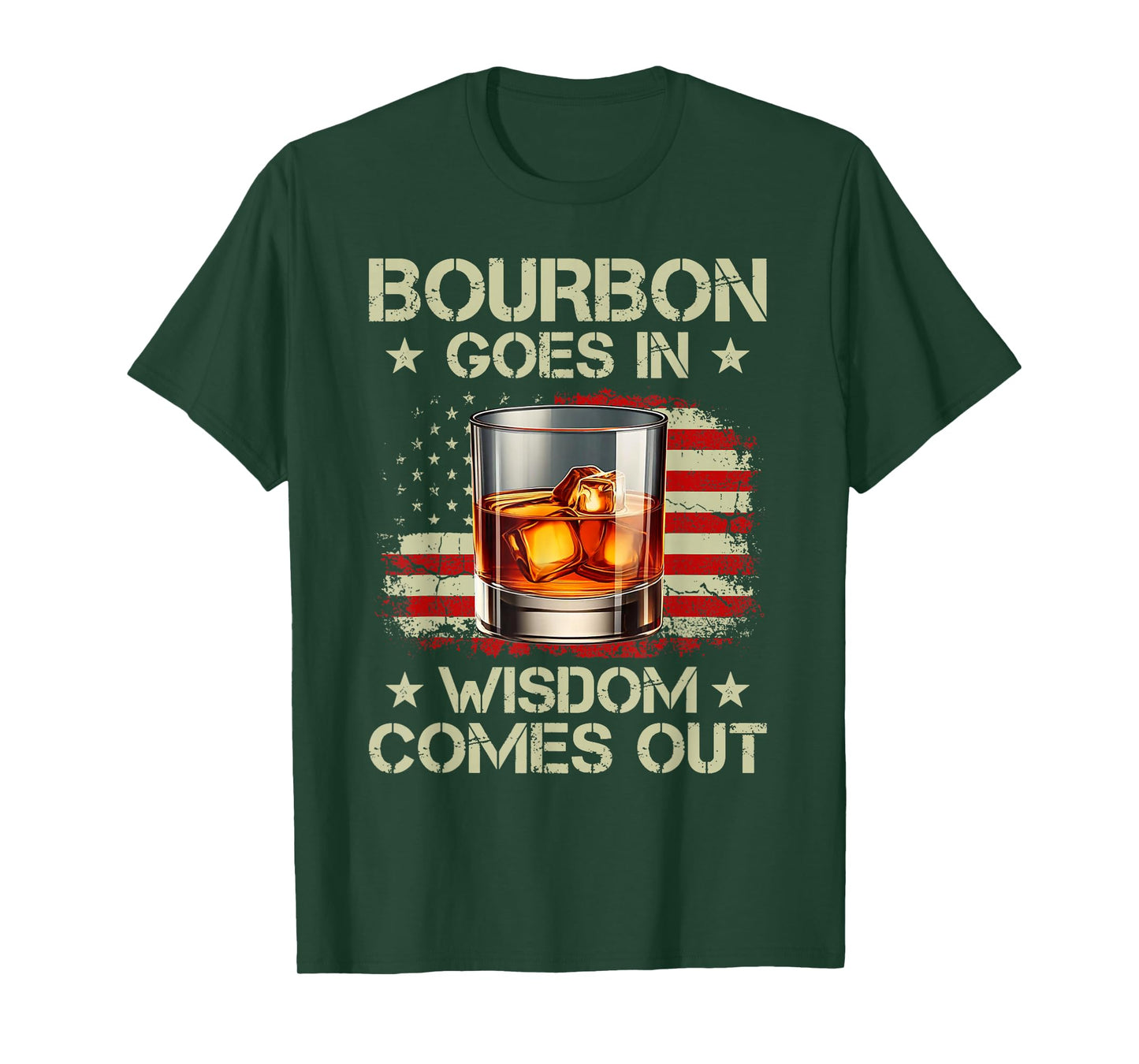Bourbon Goes In Wisdom Comes Out Whiskey USA Flag Vintage T-Shirt
