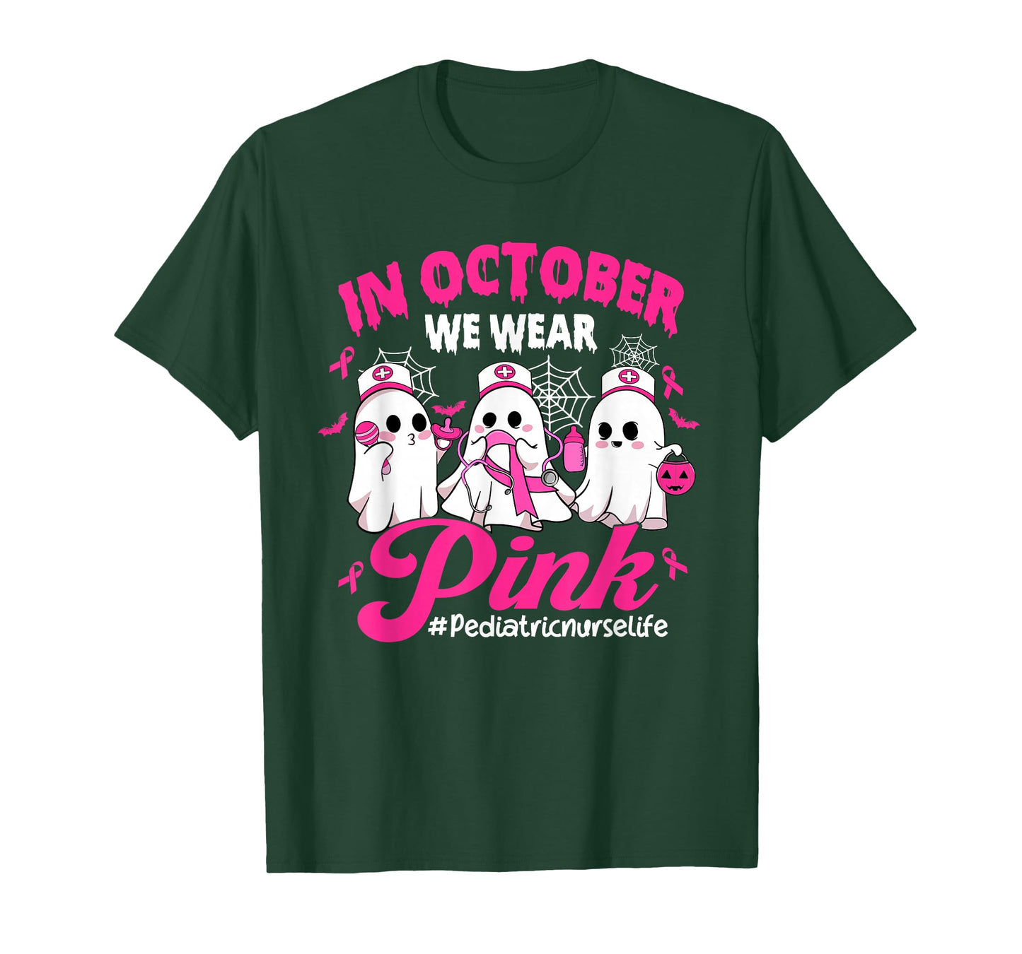 in October We Wear Pink Pediatric Nurse Life Breast Cancer T-Shirt