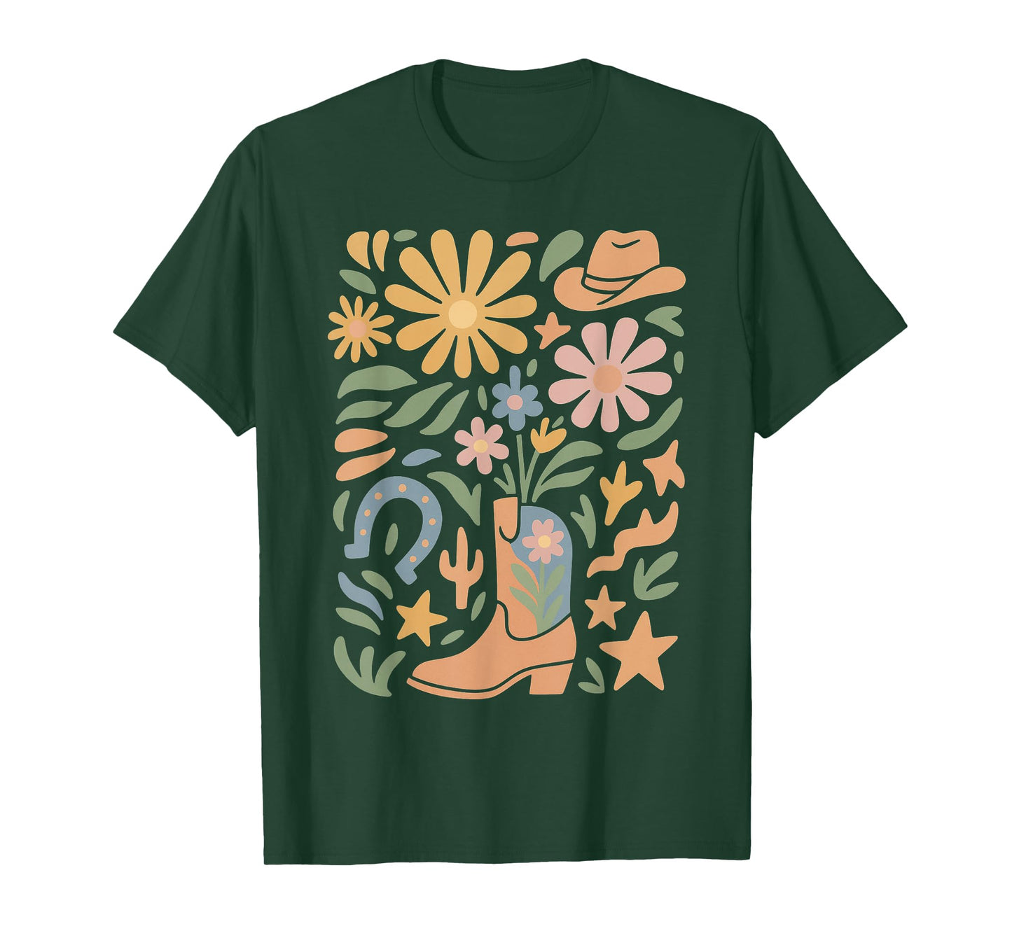 Boho Flowers Cowgirl Pink Boots Cow Skull Western Country T-Shirt