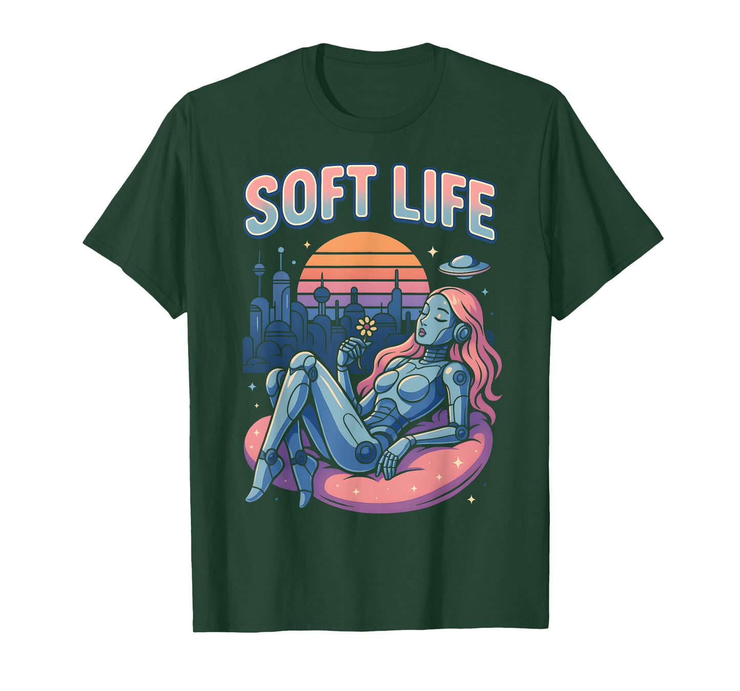 Soft Life Robot Girl Retrofuture City Retro Y2K Aesthetic T-Shirt
