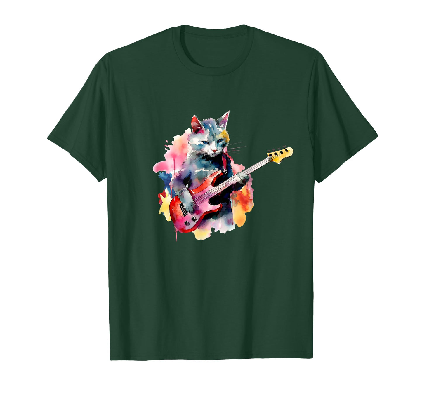 Cat Playing Bass Guitar Watercolor Graphic Design T-Shirt