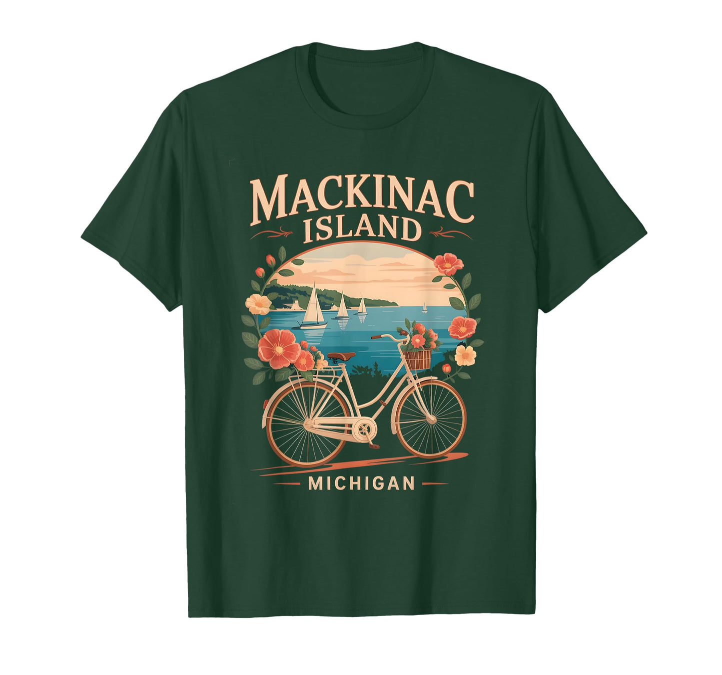Vintage mackinac island michigan with Activities flower bike T-Shirt