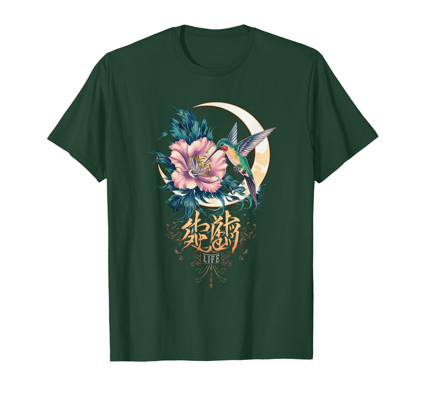 Vibrant Life Hummingbird with Hibiscus Moon Japanese Style T-Shirt