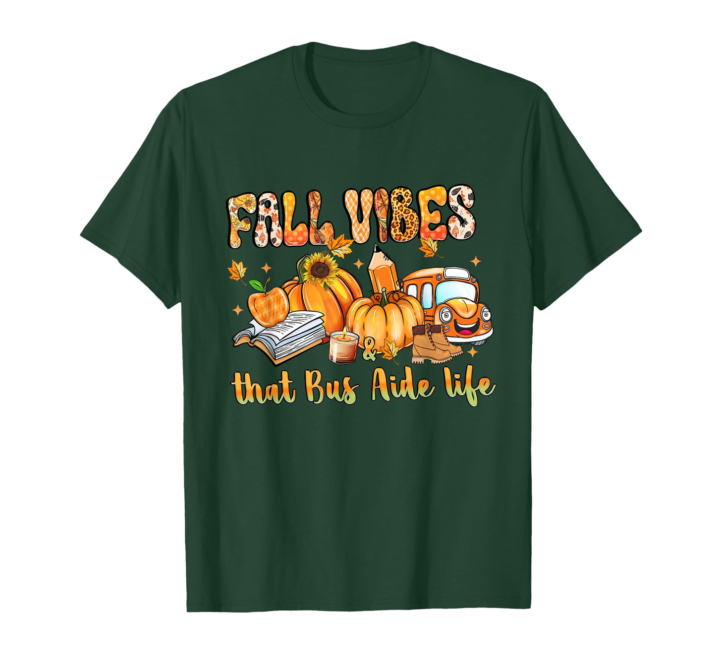 Fall Vibes & That Bus Aide Life Pumpkin Leopard School Bus T-Shirt