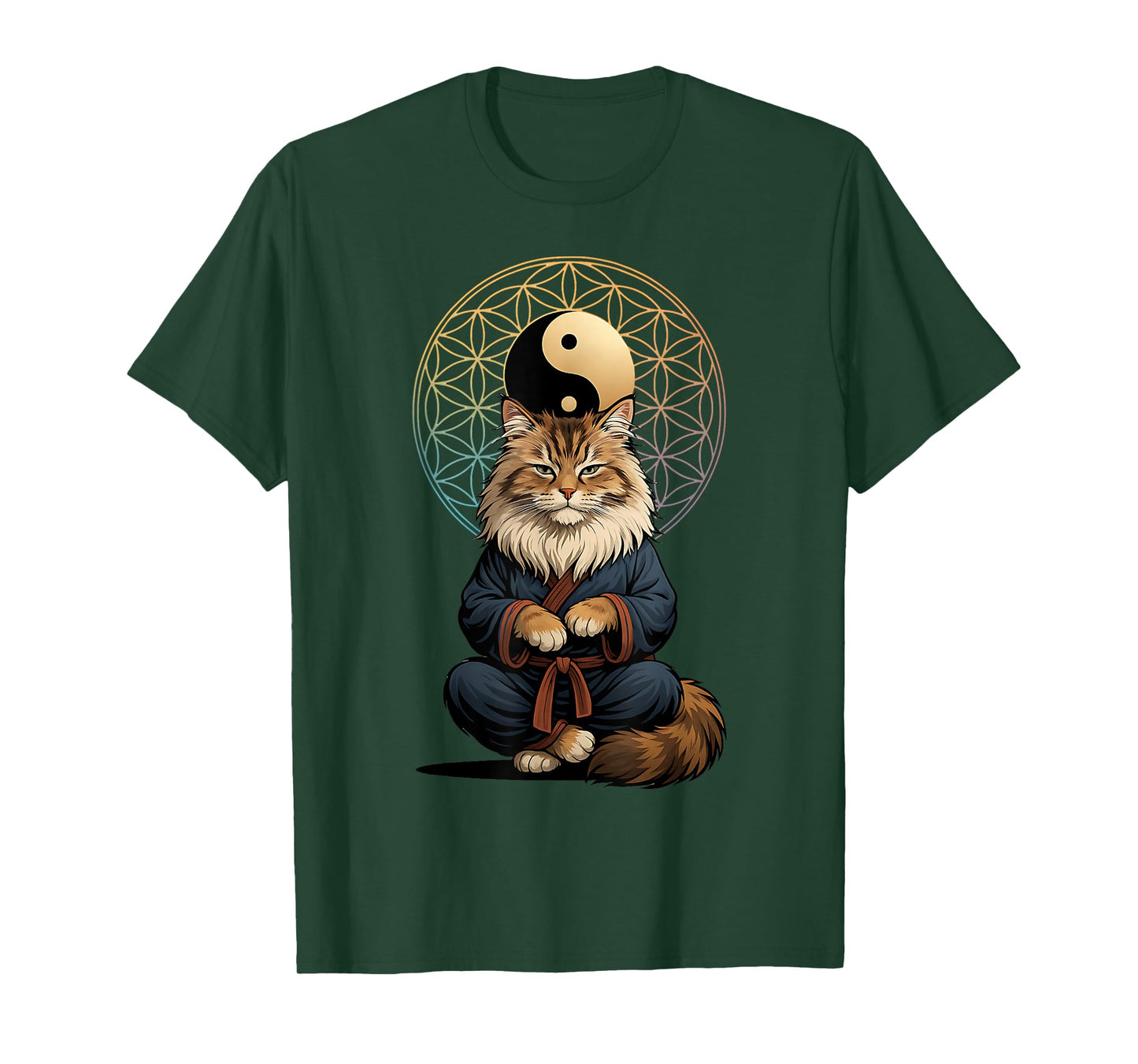 Tai Chi Cat Yin Yang Flower of Life Martial Arts Mainecoon T-Shirt